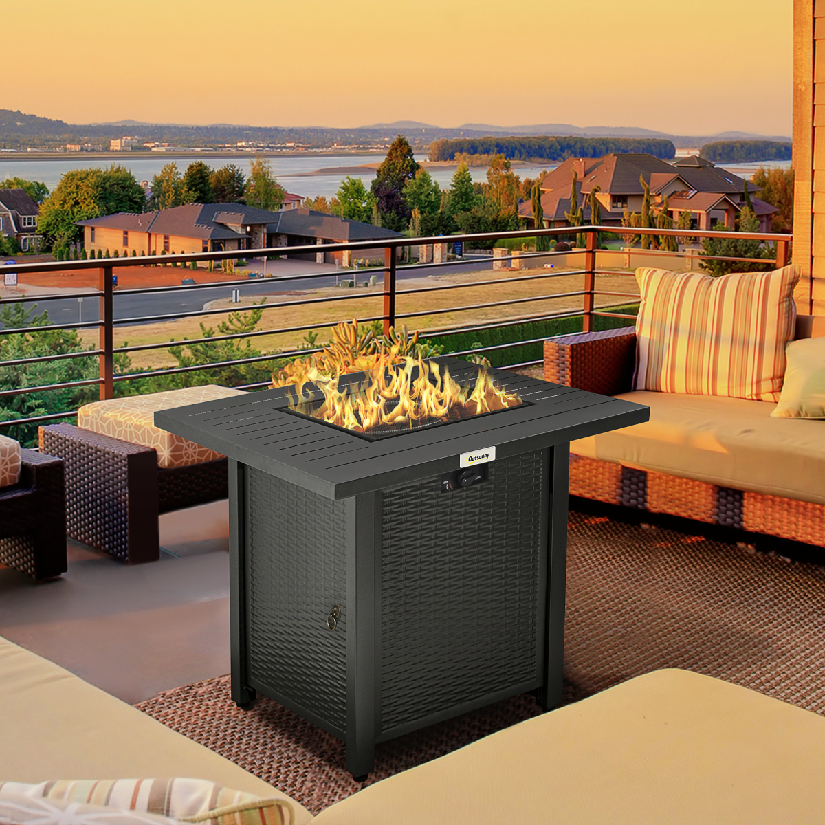 Outsunny 50,000 BTU Gas Fire Pit Table with Protective Cover and Spark Guard – Rattan-Style Outdoor Heater