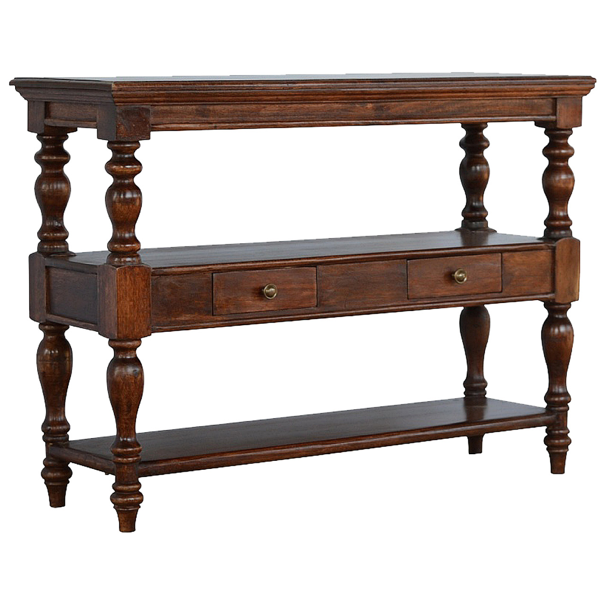 Artisan Furniture Solid Wood Turned Leg Console Table with Drawer & Shelves – Living Room Accent, Brown