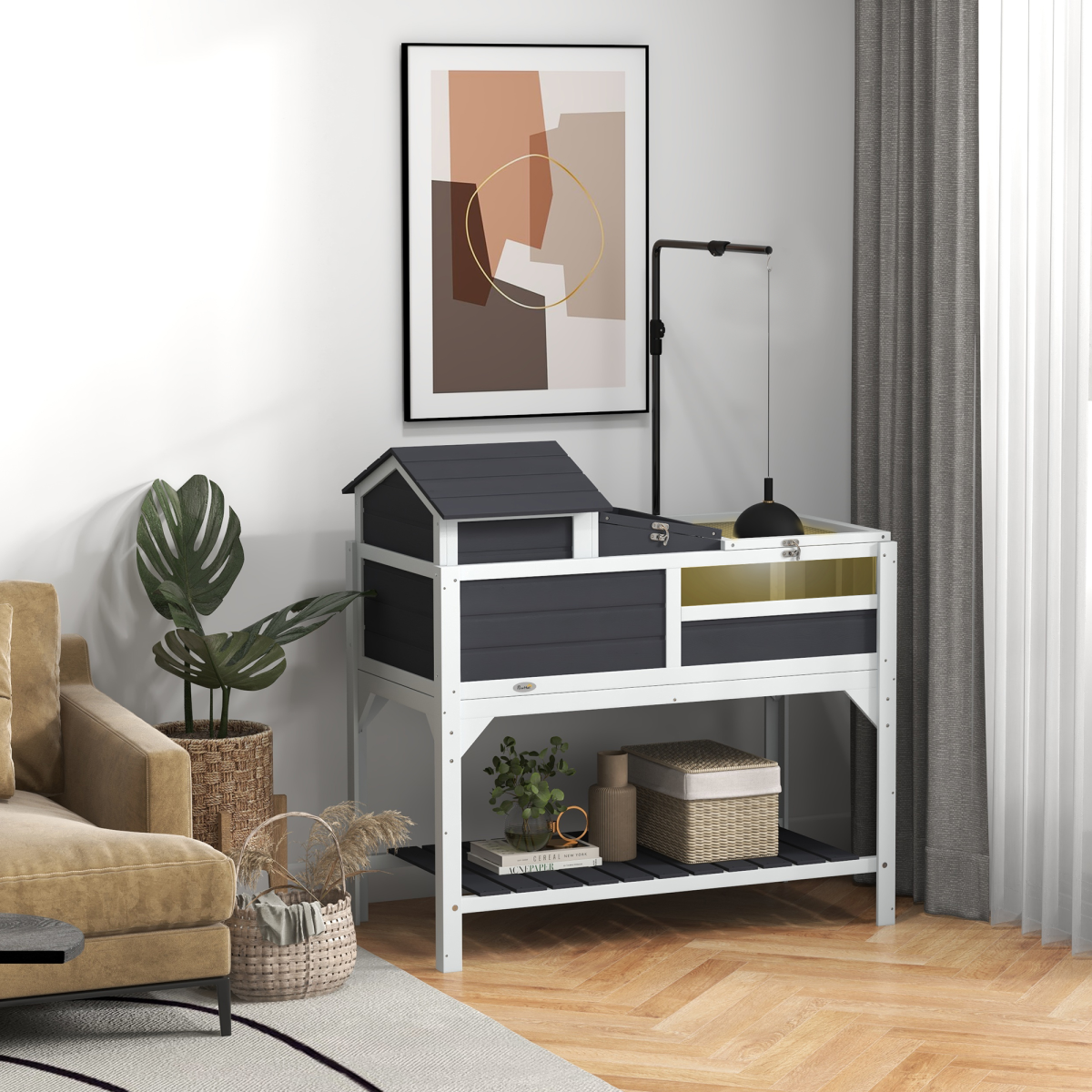 PawHut Two-Level Tortoise House with Adjustable Lamp Holder, Openable Lid and Storage Shelf, Grey