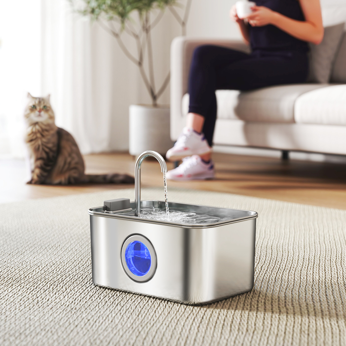 PawHut 3.2L Stainless Steel Cat Water Fountain with Filtration, LED Water Level Window and Quiet Pump