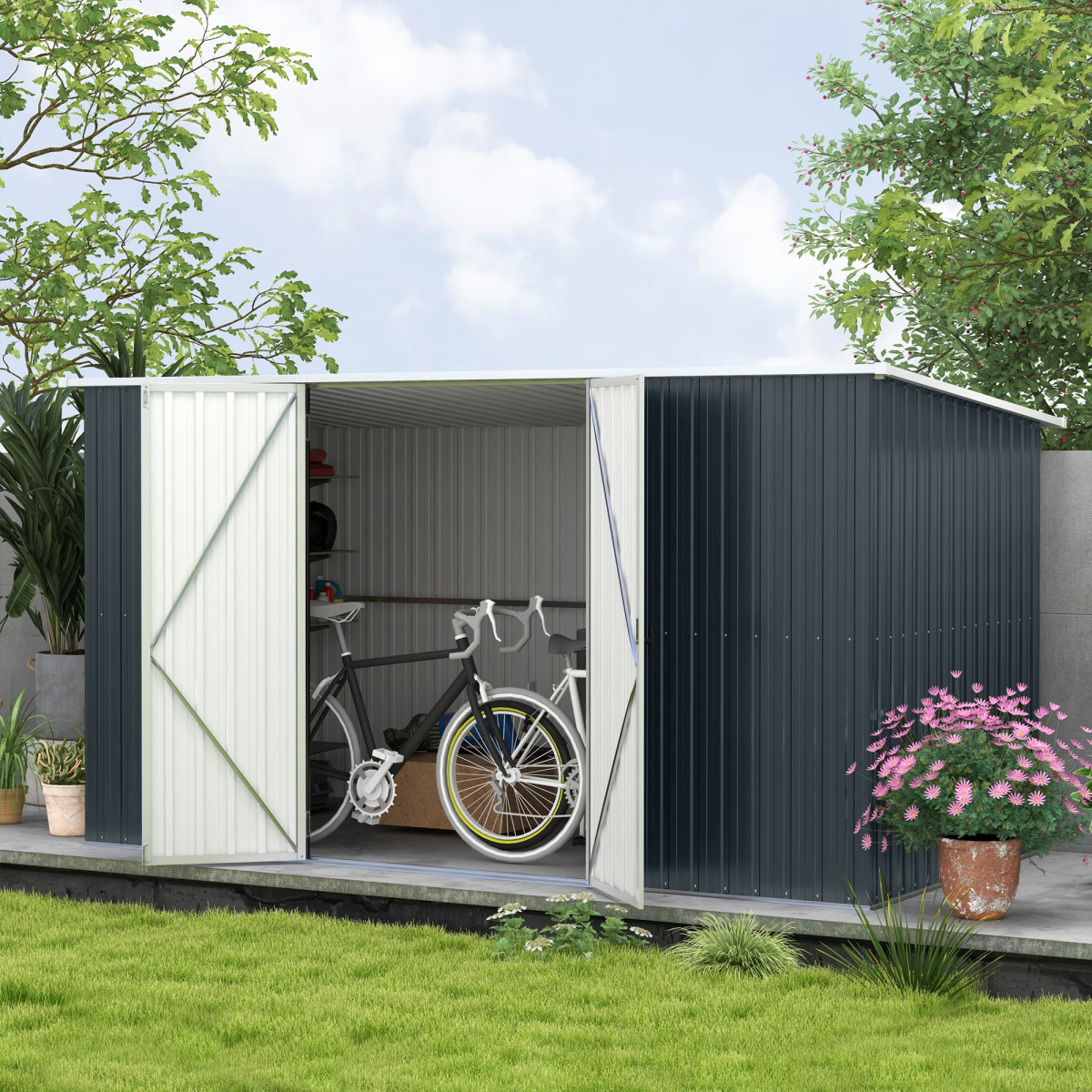 Outsunny 11 x 5.6ft Galvanised Metal Garden Shed with Lockable Door & Sloped Roof – Tool Storage, Cold Grey
