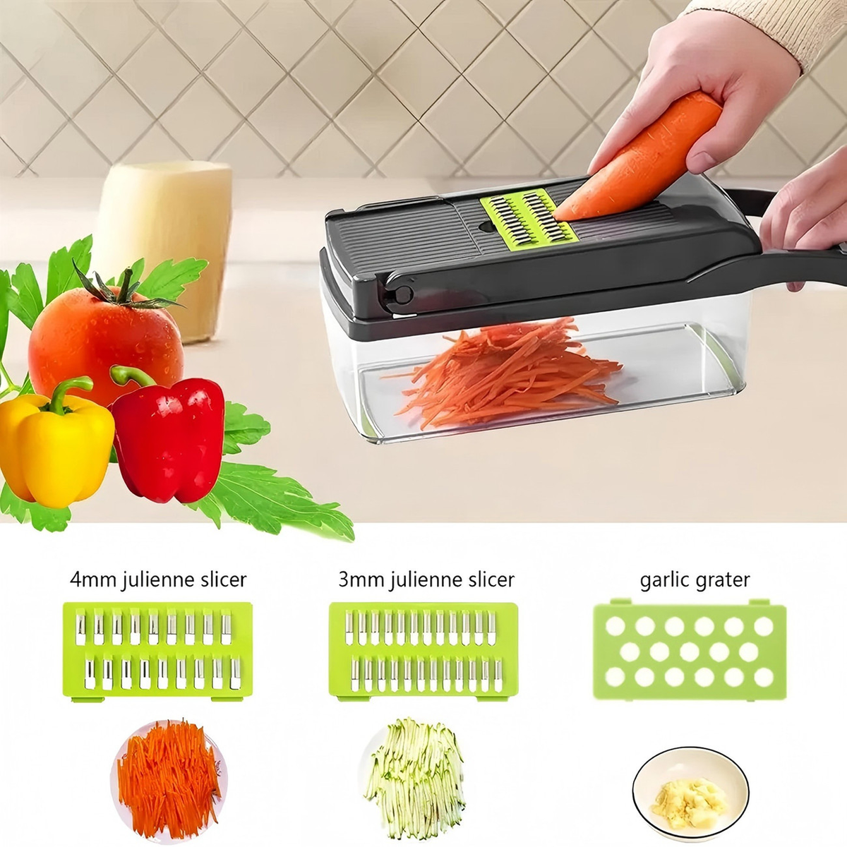 16 in 1 Vegetable Chopper with 1.5L Container, Drain Basket and Lid – Mandoline Slicer, Dicer and Peeler