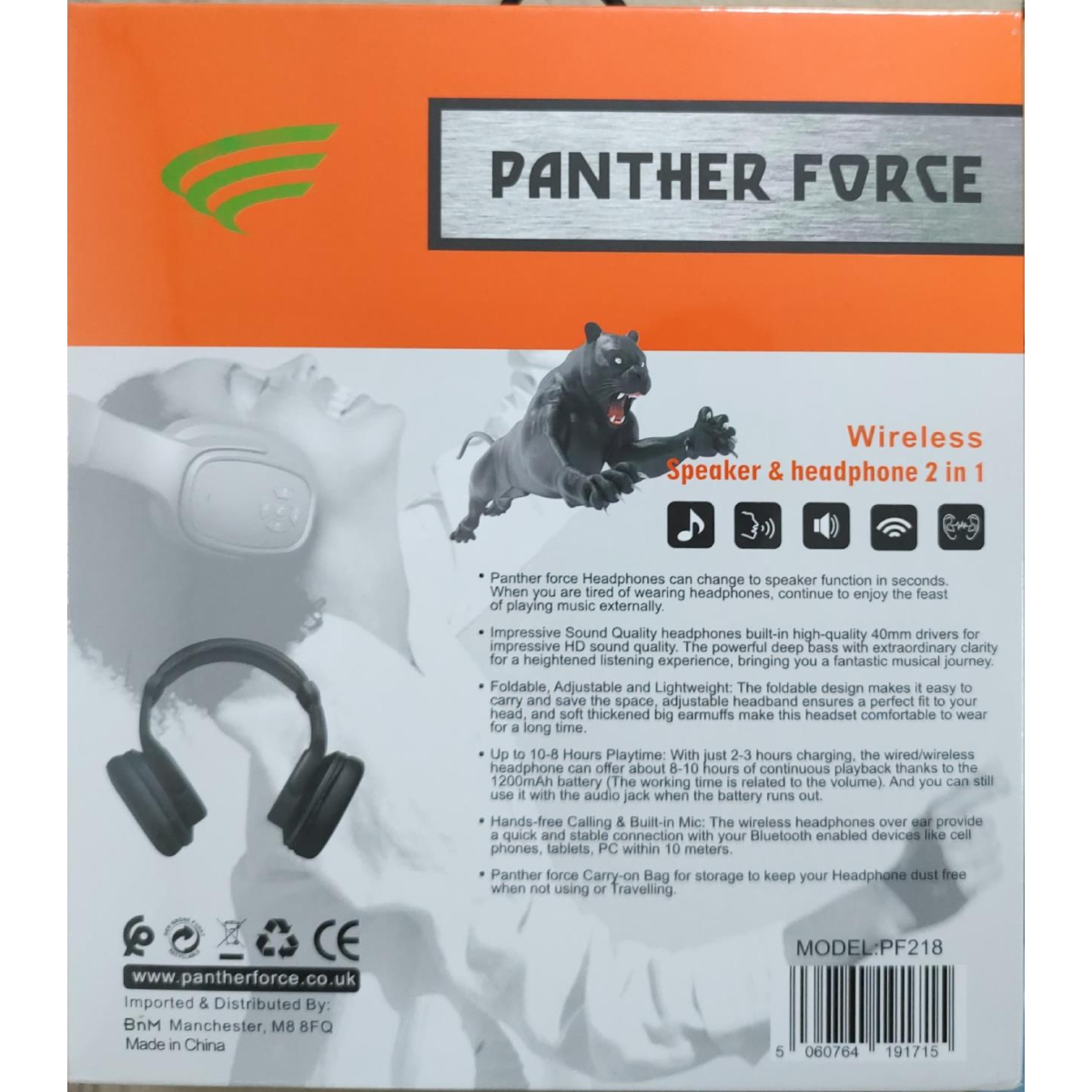 Panther Force PF218 Bluetooth Headphones with Twistout Speaker – Memory Foam Earcups, 8–10 Hour Playtime
