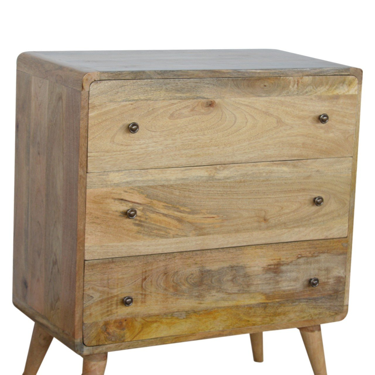 Artisan Furniture Solid Mango Wood Curved Chest of 3 Drawers with Nordic Legs – Oak-ish Finish, Light Brown
