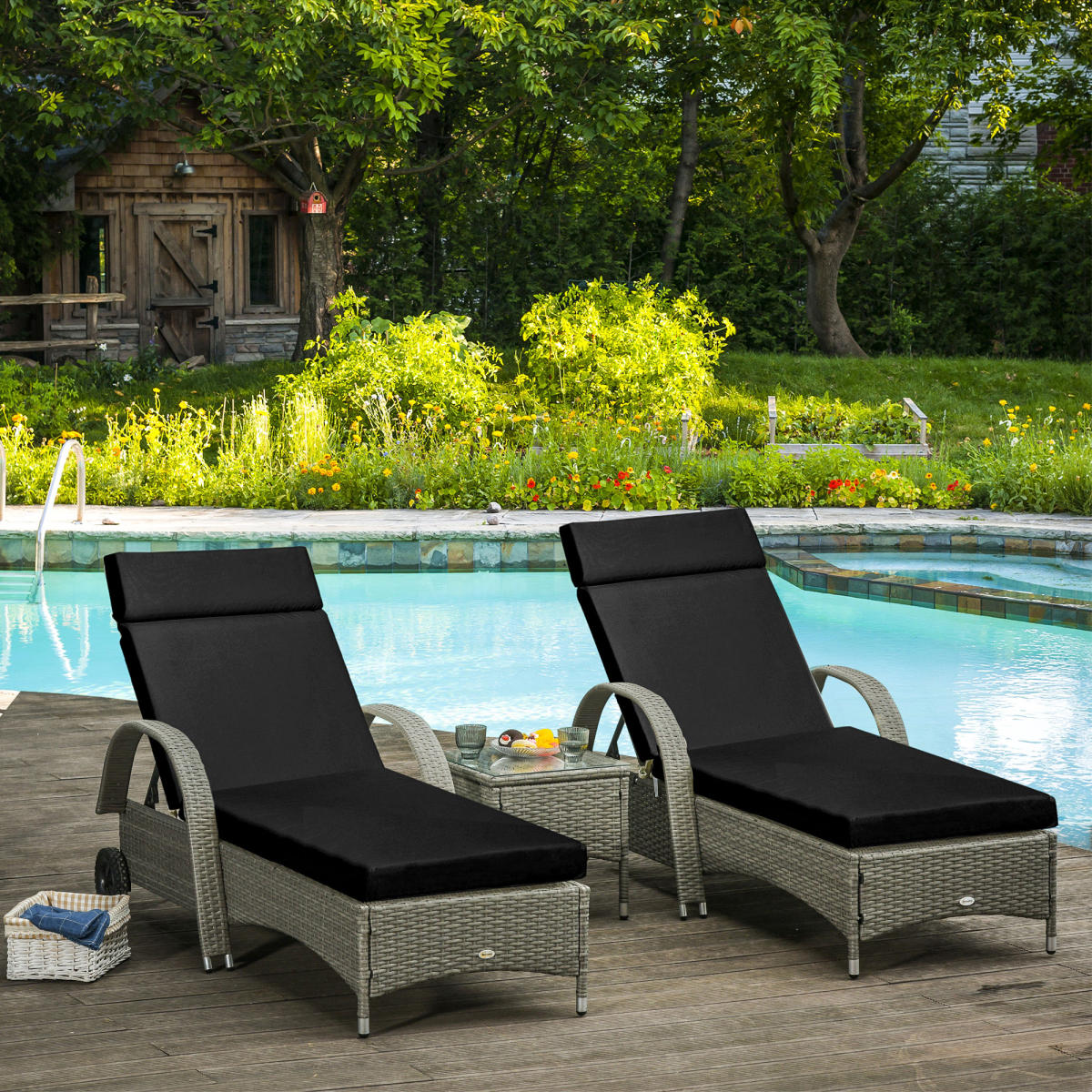 Outsunny Set of 2 Lounger Cushions with Ties, Thick Cotton Filling – Deep Seat Patio Cushions, Black
