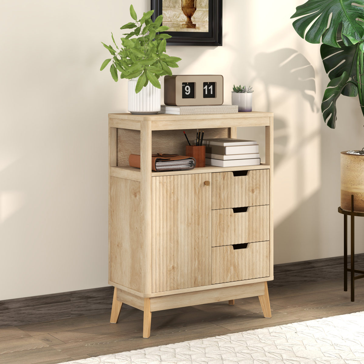 HOMCOM Modern Fluted Sideboard Storage Cabinet with 3 Drawers & Adjustable Shelf – Living Room