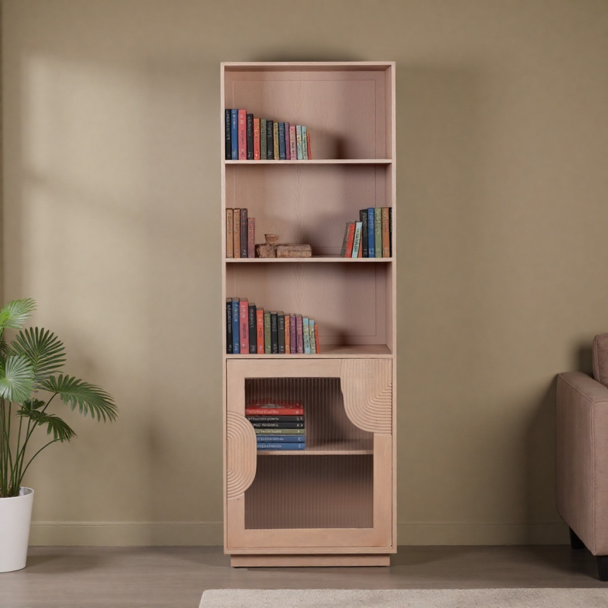 Indus Solid Wood Bookcase with Multiple Shelves – Natural Grain Storage & Display for Living Room or Study