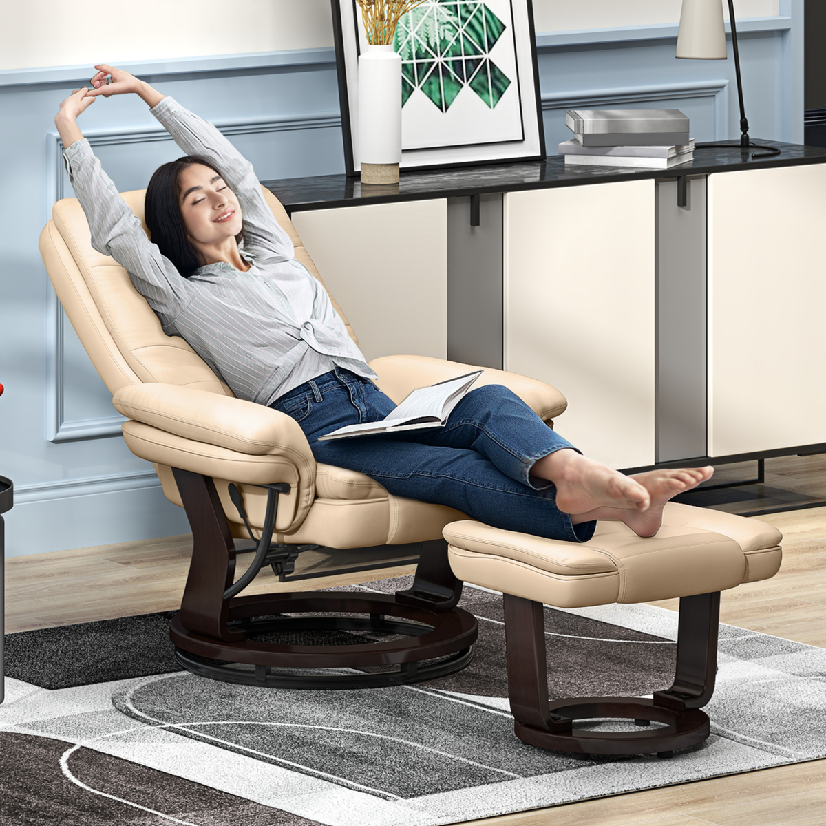 HOMCOM Swivel Manual Recliner Chair with Footrest Set – PU Leather Lounge Armchair, Beige