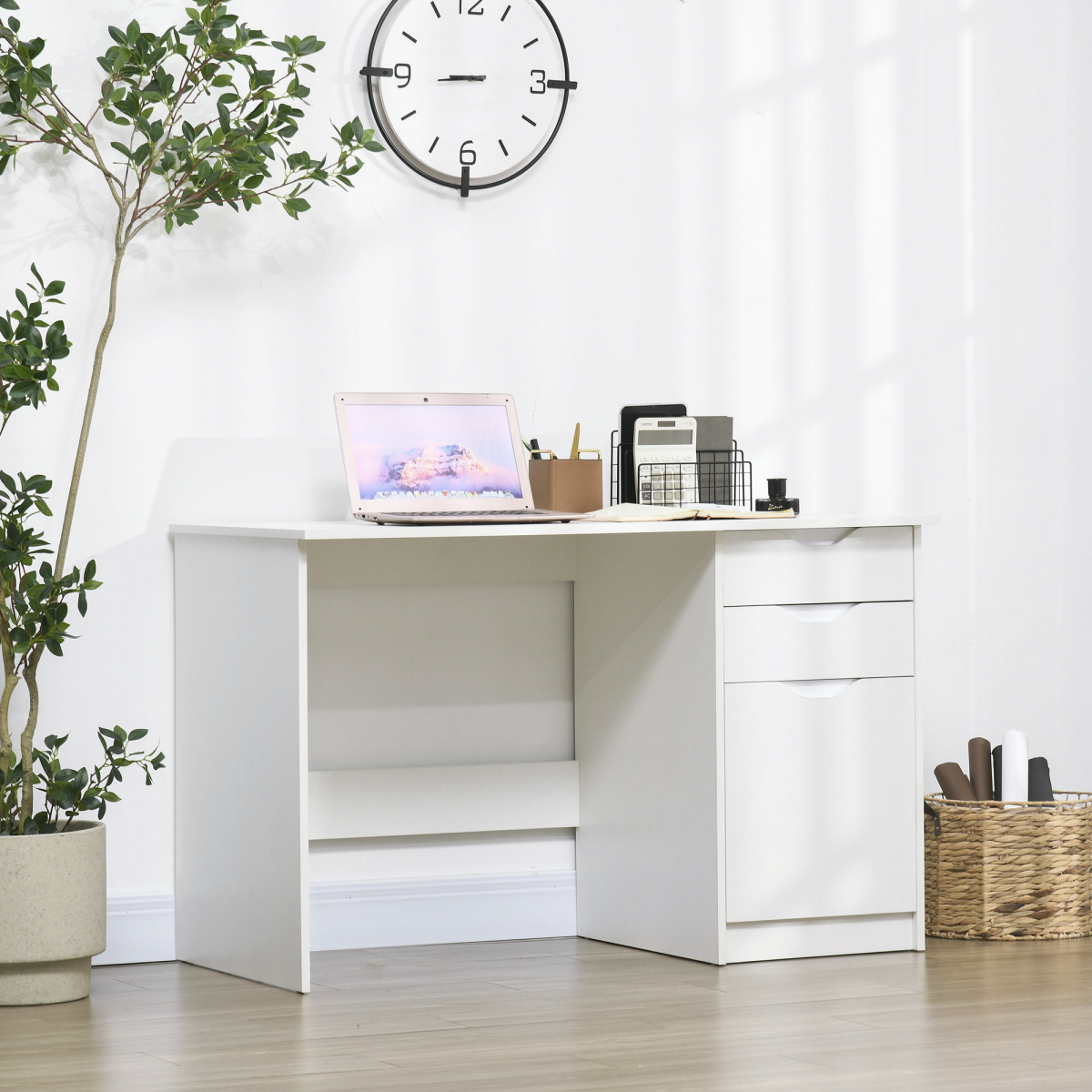 HOMCOM Computer Desk with 3 Drawers, High Gloss Finish & Legroom – Home Office Workstation, White