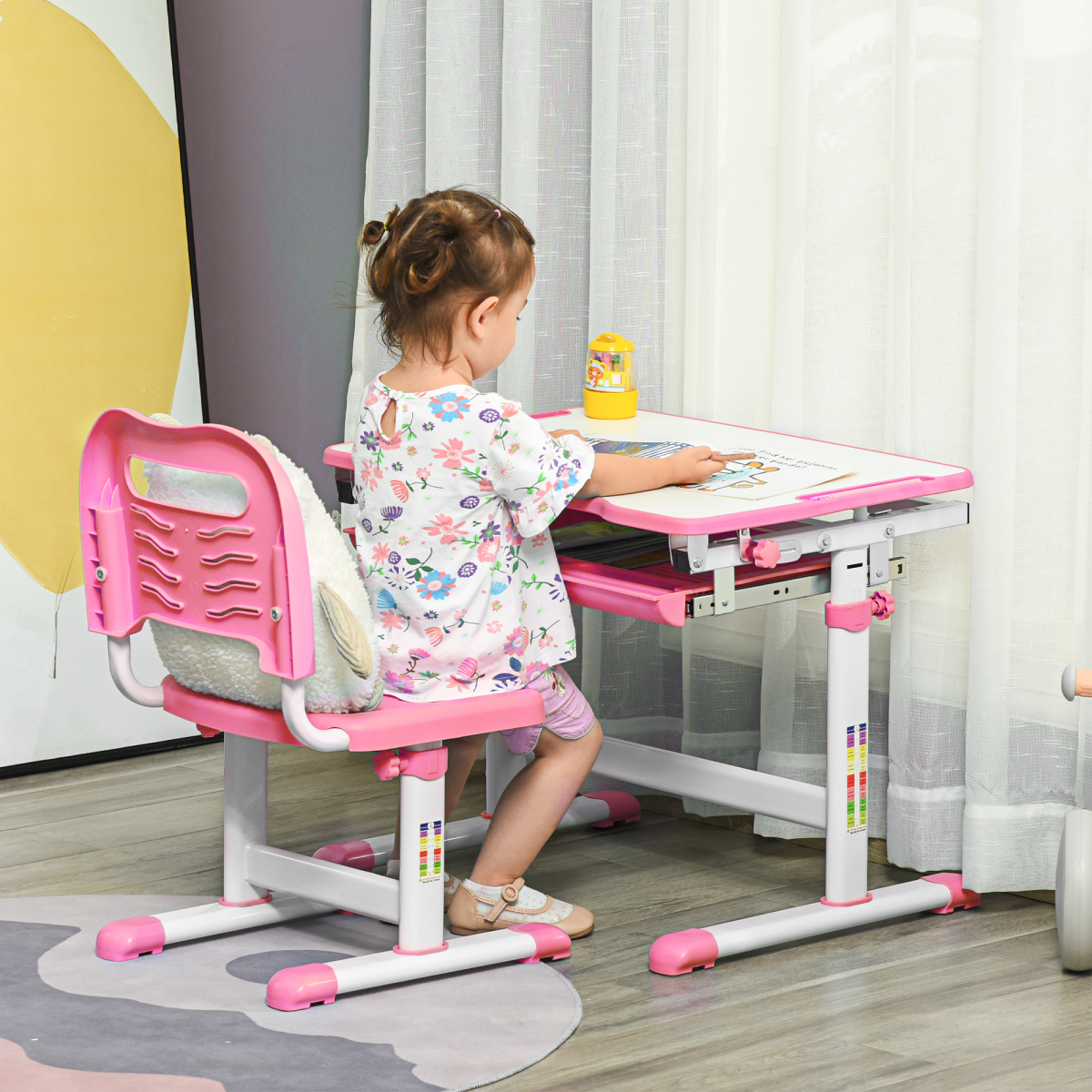 HOMCOM Kids Desk and Chair Set with Height-Adjustable Table, Drawer, Pen Slot & Hook – Study Desk, Pink