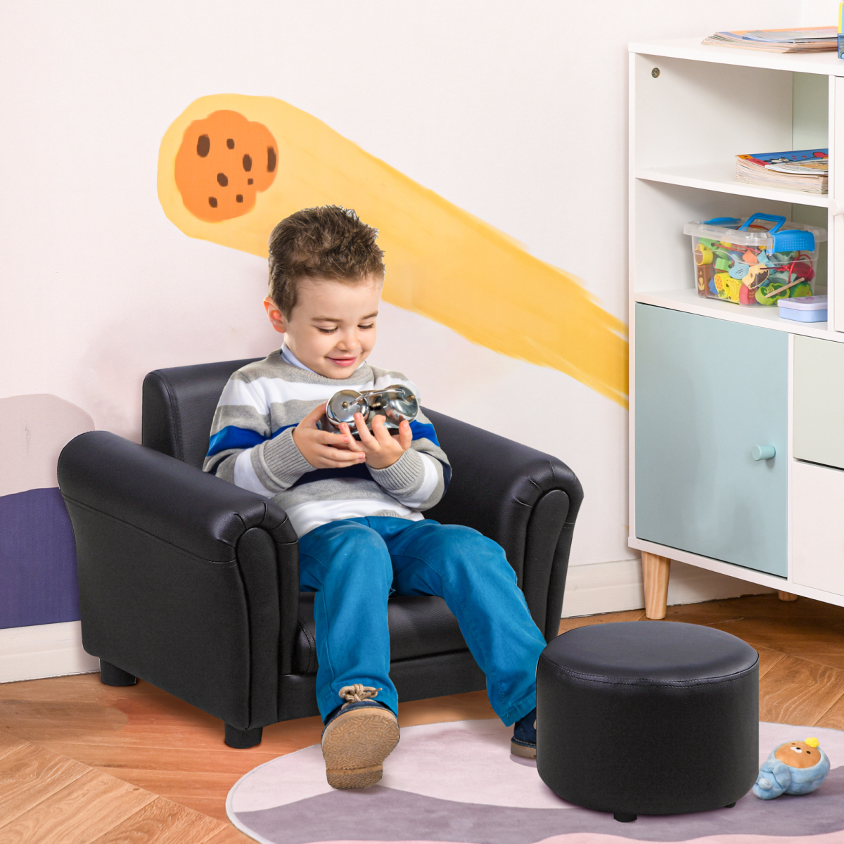 HOMCOM Kids Sofa Chair and Footstool Set – 2-Piece Armchair for Bedroom or Playroom, Ages 18-36 Months, Black