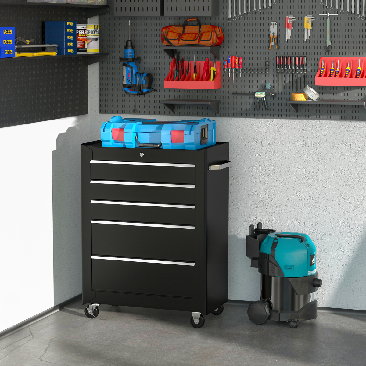 5-Drawer Lockable Steel Tool Storage Cabinet with Wheels – Garage & Workshop Organiser, Black