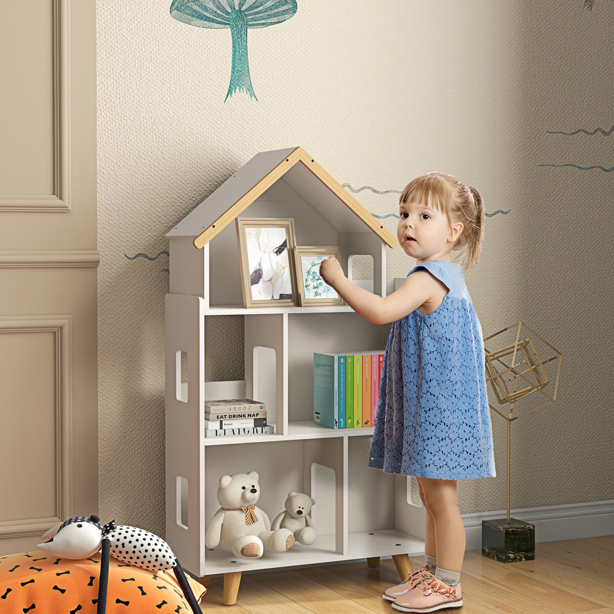 ZONEKIZ 3 Tier Kids Toy Storage Shelf with 6 Cubbies and Solid Wood Feet for Playroom or Bedroom, White