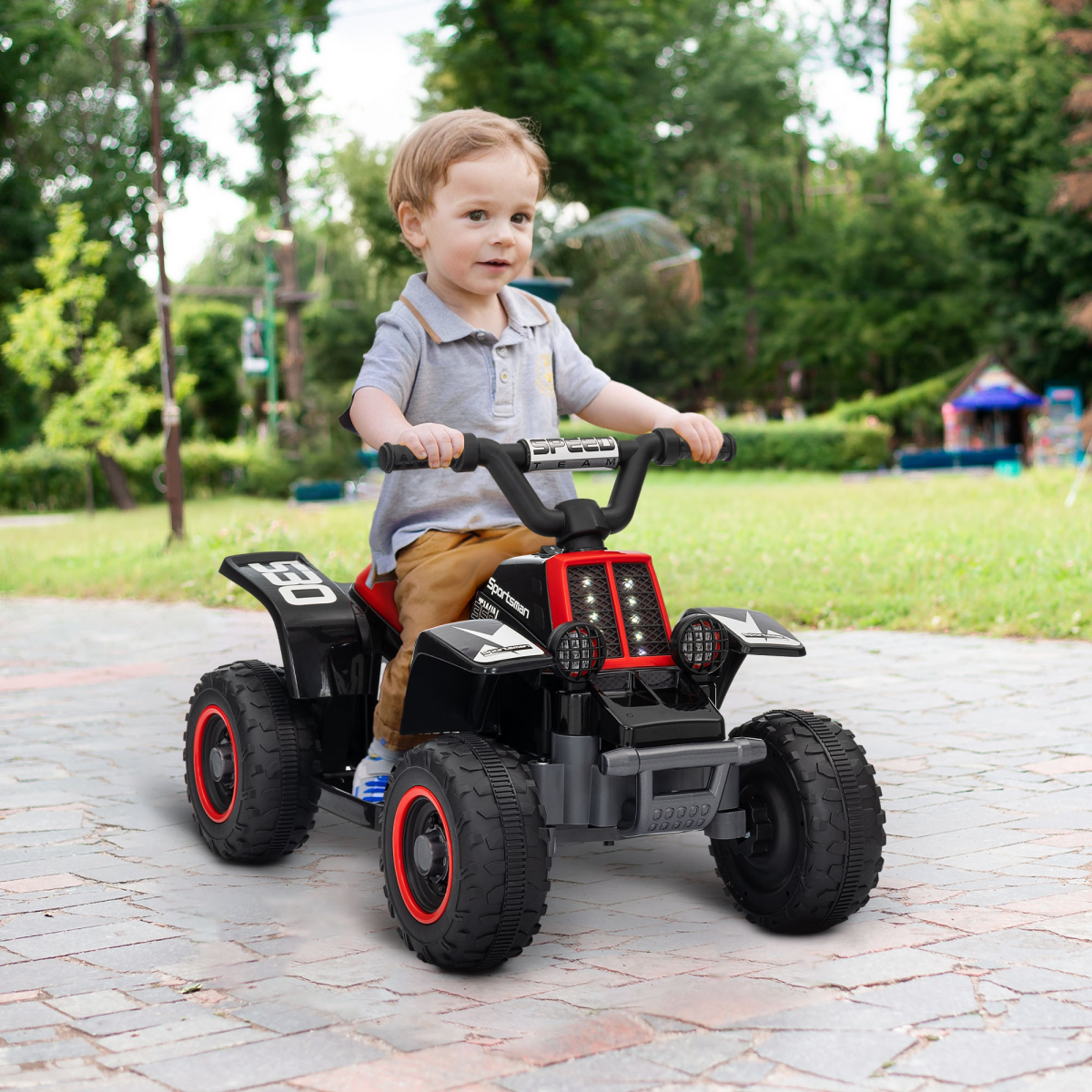 AIYAPLAY 6V Electric Quad Bike for Kids with Forward & Reverse, LED Headlights – Ride-On for Ages 18–36 Months, Black and Red