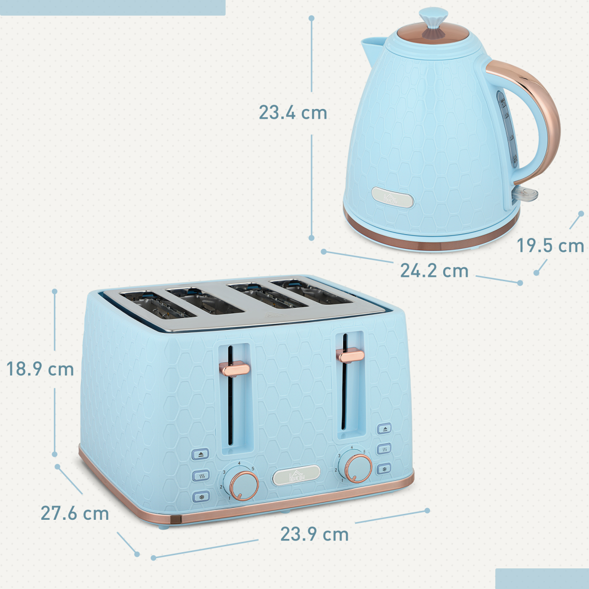 Kettle and 4-Slice Toaster Set with 1.7L Fast Boil Kettle & 7 Browning Levels – Honeycomb Design, Light Blue