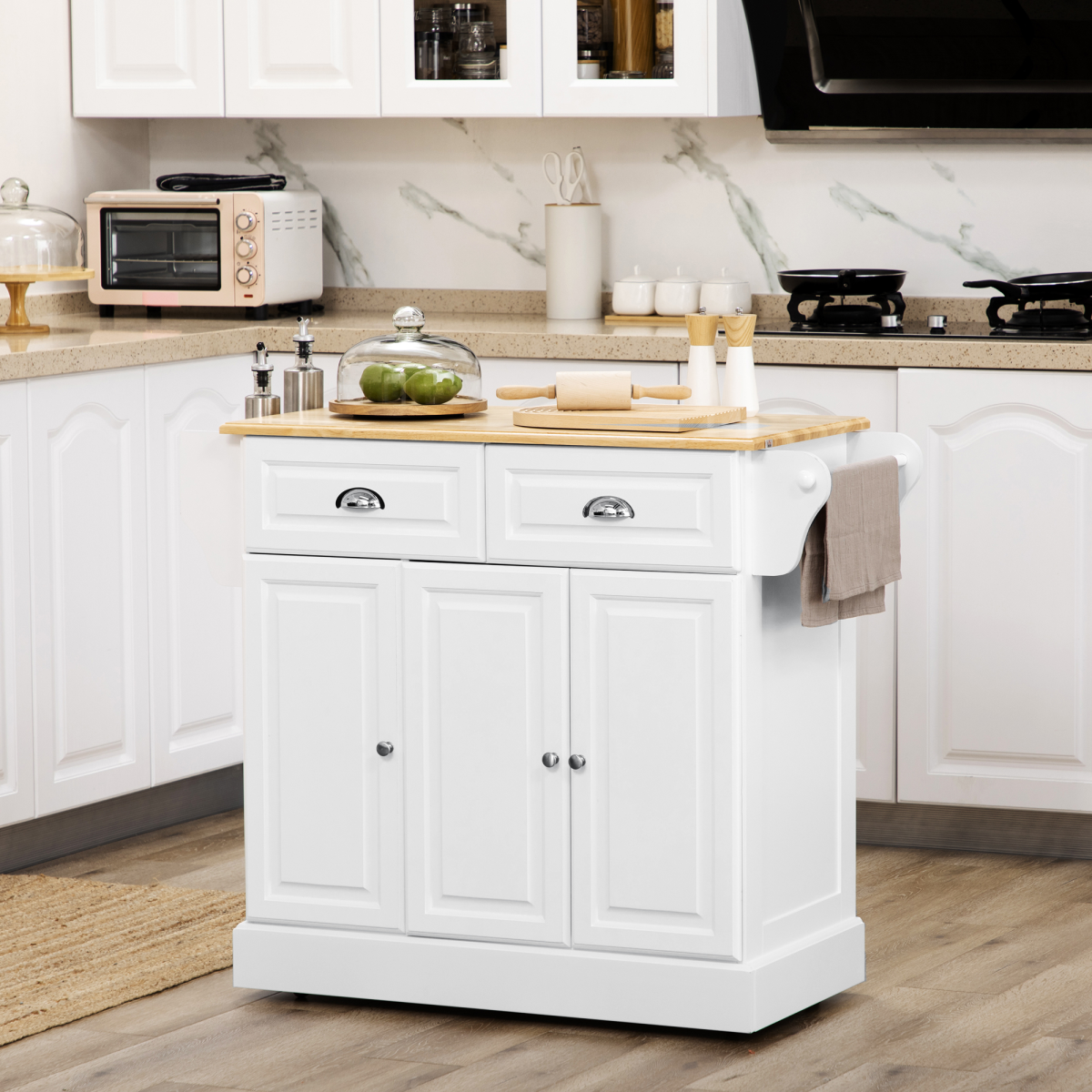 HOMCOM Kitchen Storage Trolley with Drawers, Adjustable Shelves & Wooden Top – Rolling Kitchen Island, White