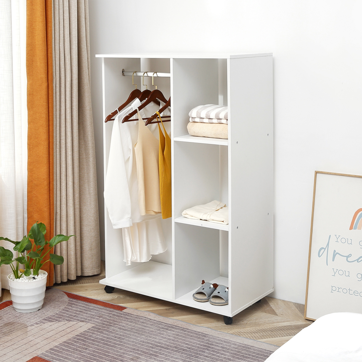White Open Storage Wardrobe with Shelves & Hanging Rail – Bedroom Clothes Storage