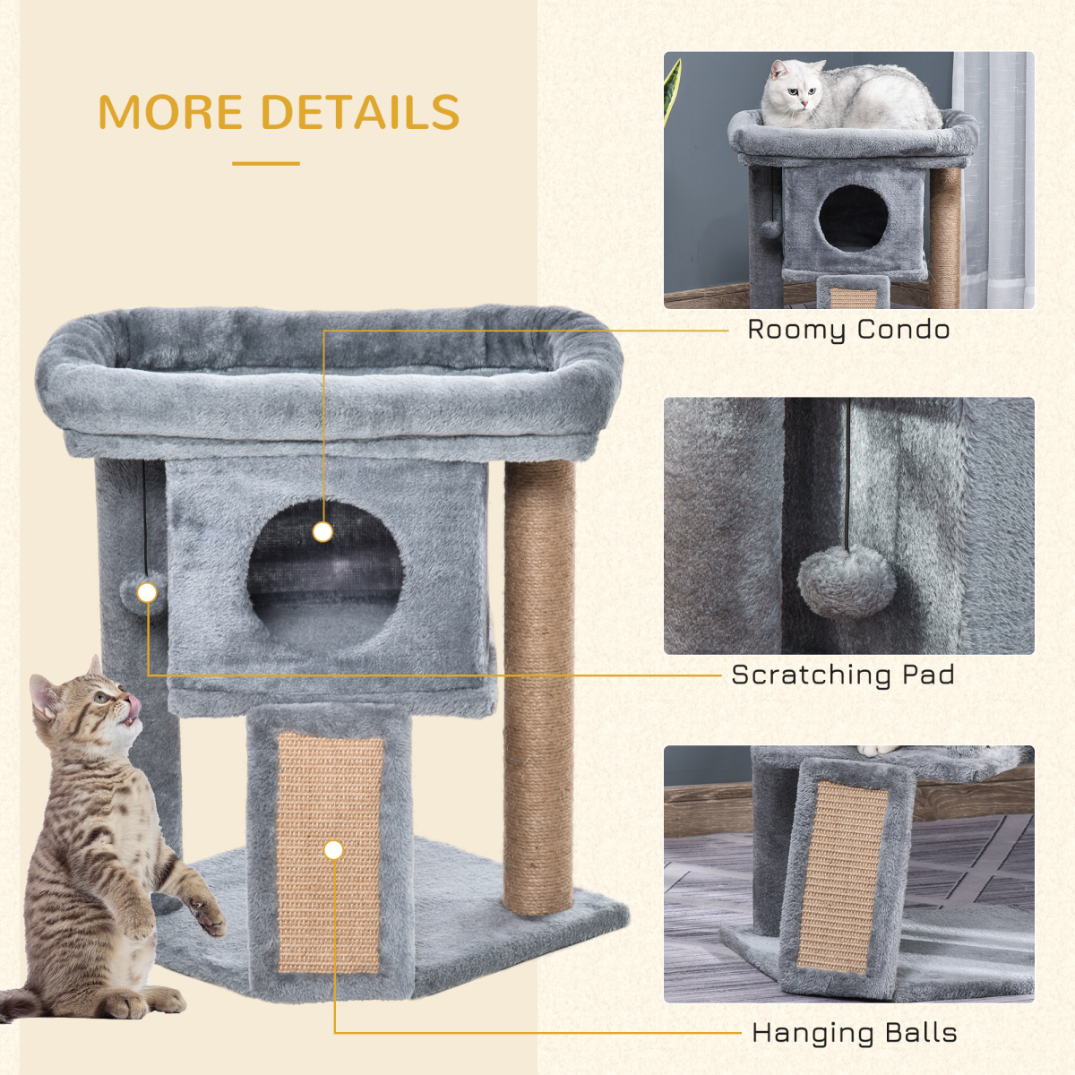Cat Tree with Cat House, Wide Perch and Jute Scratching Pad – Multi-Level Cat Tower for Cats Under 4.5kg, Grey