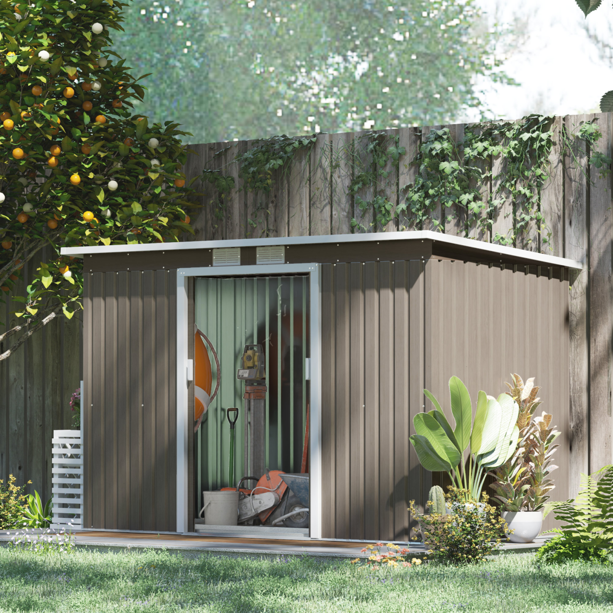 Outsunny 9 x 4ft Metal Garden Storage Shed with Lockable Sliding Double Doors & Vents – Light Grey Wood Grain
