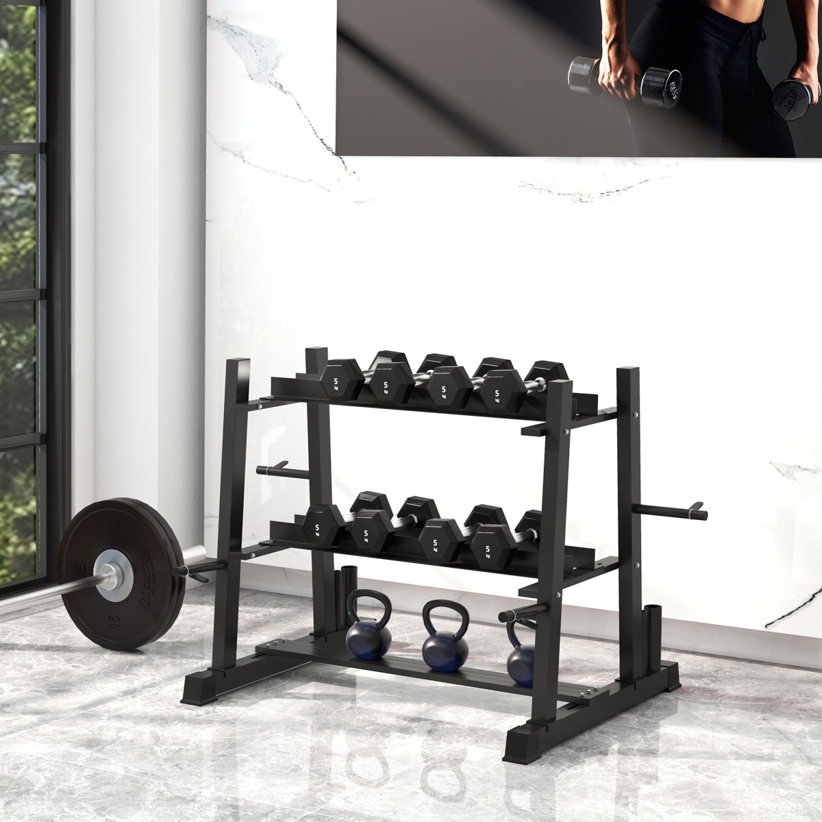 SPORTNOW 3-Tier Weight Rack for Dumbbells, Kettlebells, Plates & Barbells, 200kg Capacity – Home Gym, Black