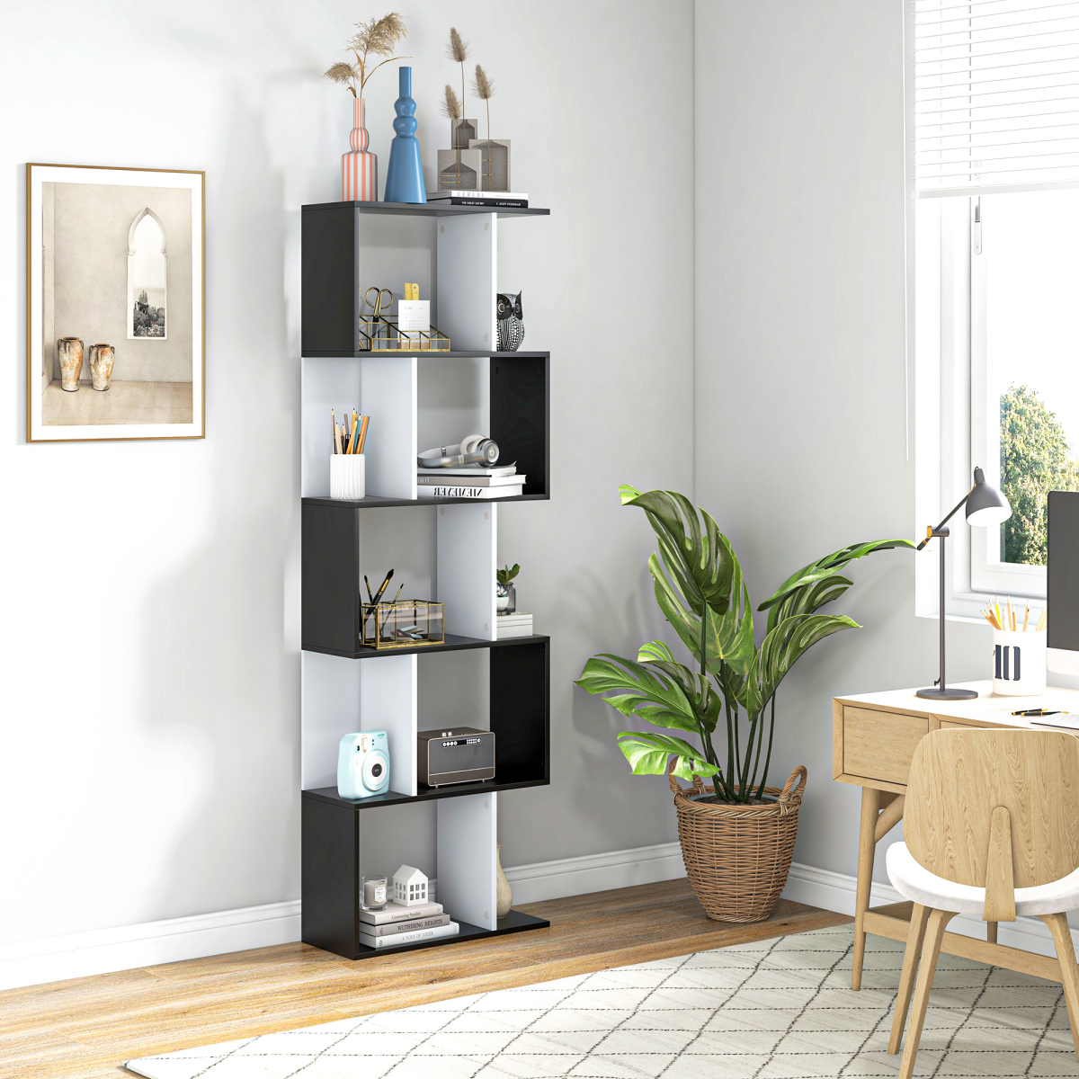 HOMCOM 5-Tier S-Shaped Bookcase – Open-Back Display Shelving and Room Divider, Black