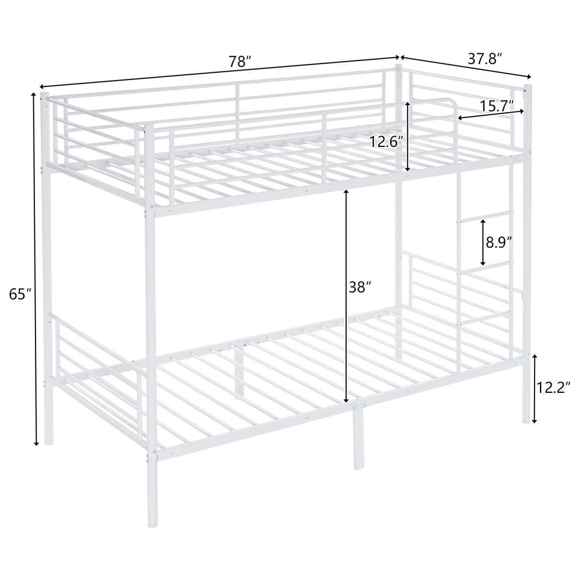 Twin Over Twin Metal Bunk Bed with Ladder, Full-Length Guard Rail & Under-Bed Storage – White