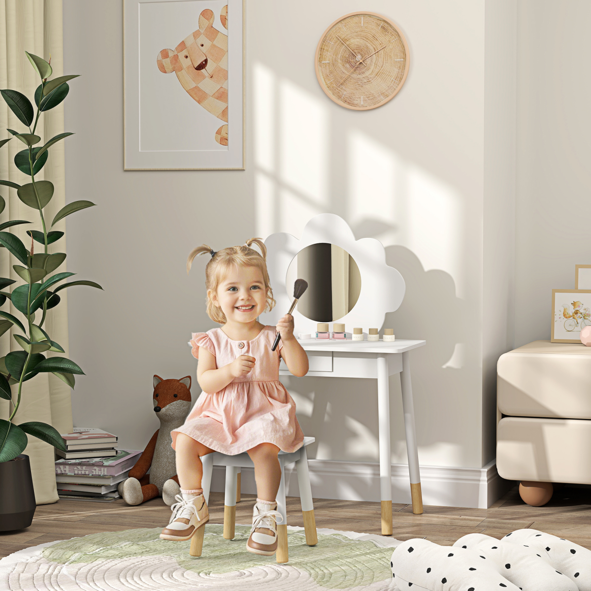 AIYAPLAY Kids Dressing Table with Mirror, Stool and Storage Drawer – Cloud Design Play Vanity Set, White