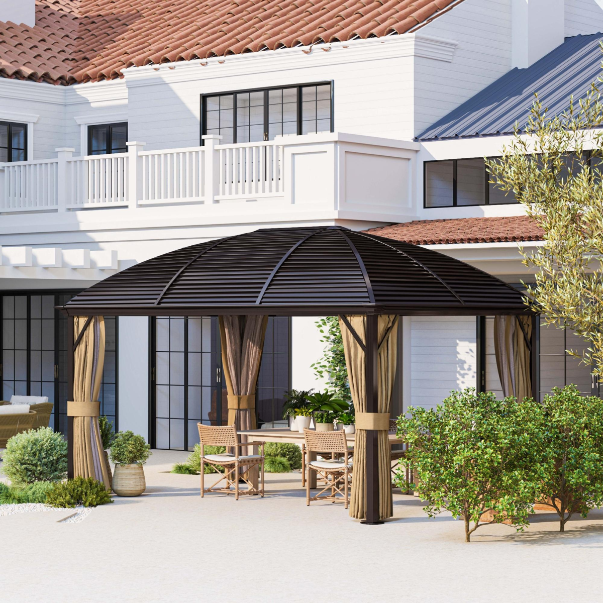 Outsunny 3x4m Hardtop Gazebo with Curtains & Mosquito Netting – Aluminium Frame Garden Pavilion, Brown/Bronze