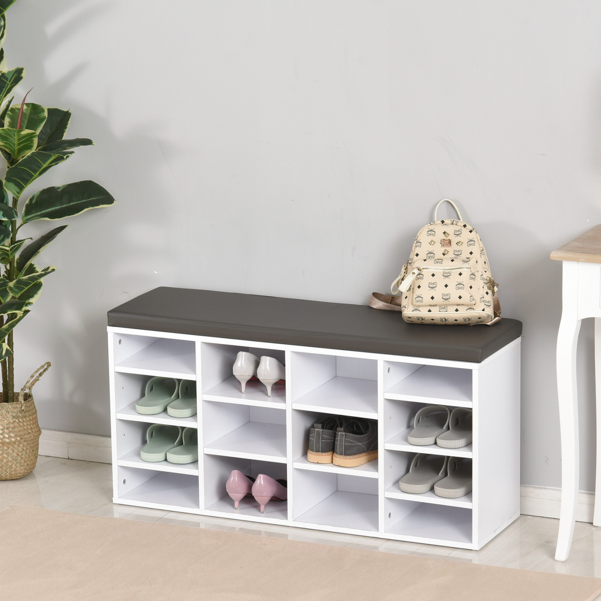 HOMCOM PU Leather 14-Compartment Shoe Storage Bench with Padded Seat – Hallway Seating, Brown/White