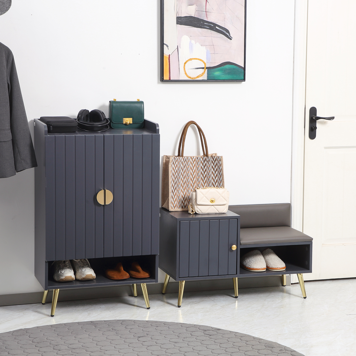 Hallway Shoe Bench with Enclosed Storage Cabinet & Padded Seat Cushion – Entryway Seating, Grey