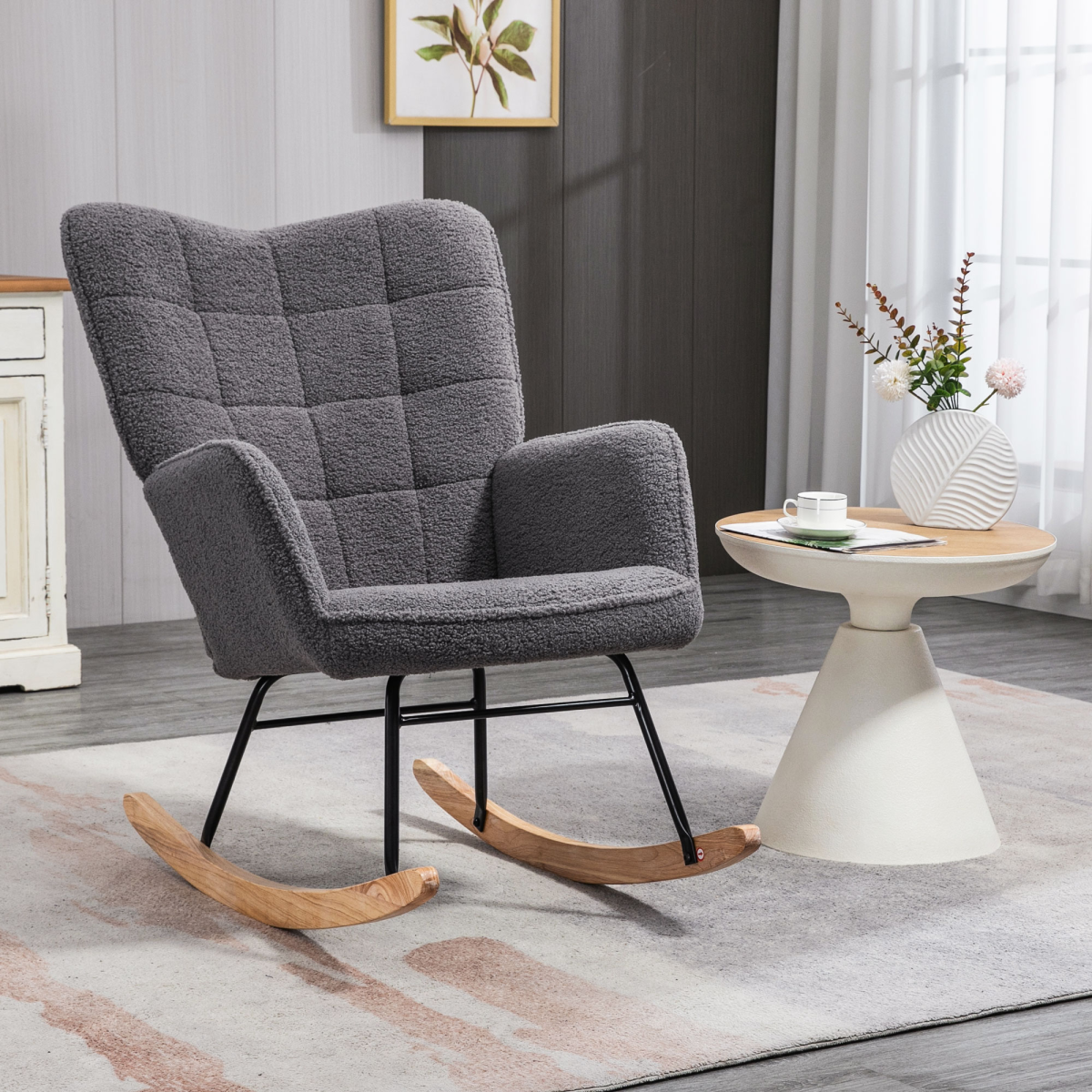 HOMCOM Wingback Nursing Rocking Chair with Curved Wooden Base and Fleece Upholstery – Grey