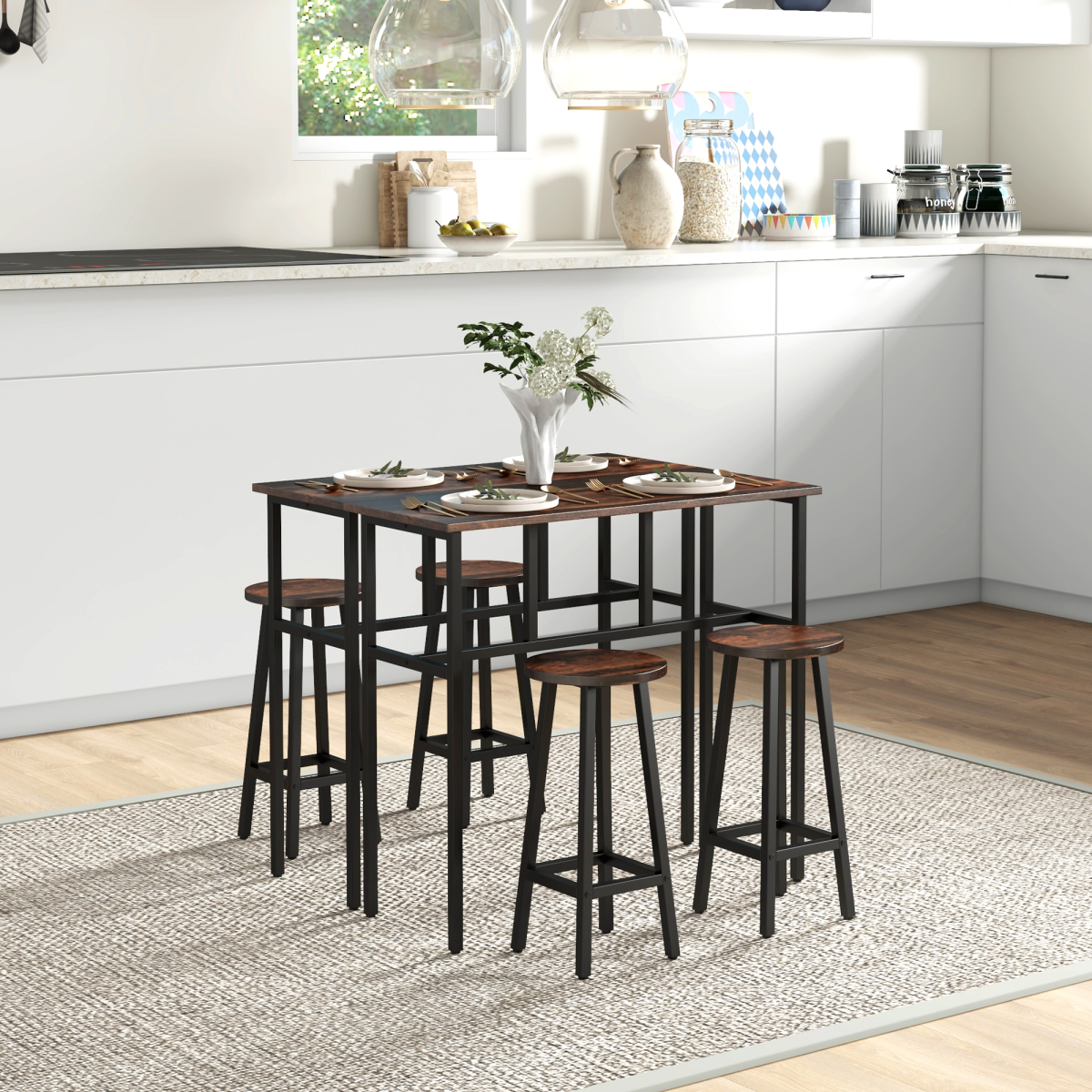 HOMCOM 6-Piece Industrial Bar Table Set with 2 Tables & 4 Stools – Footrests, Brown