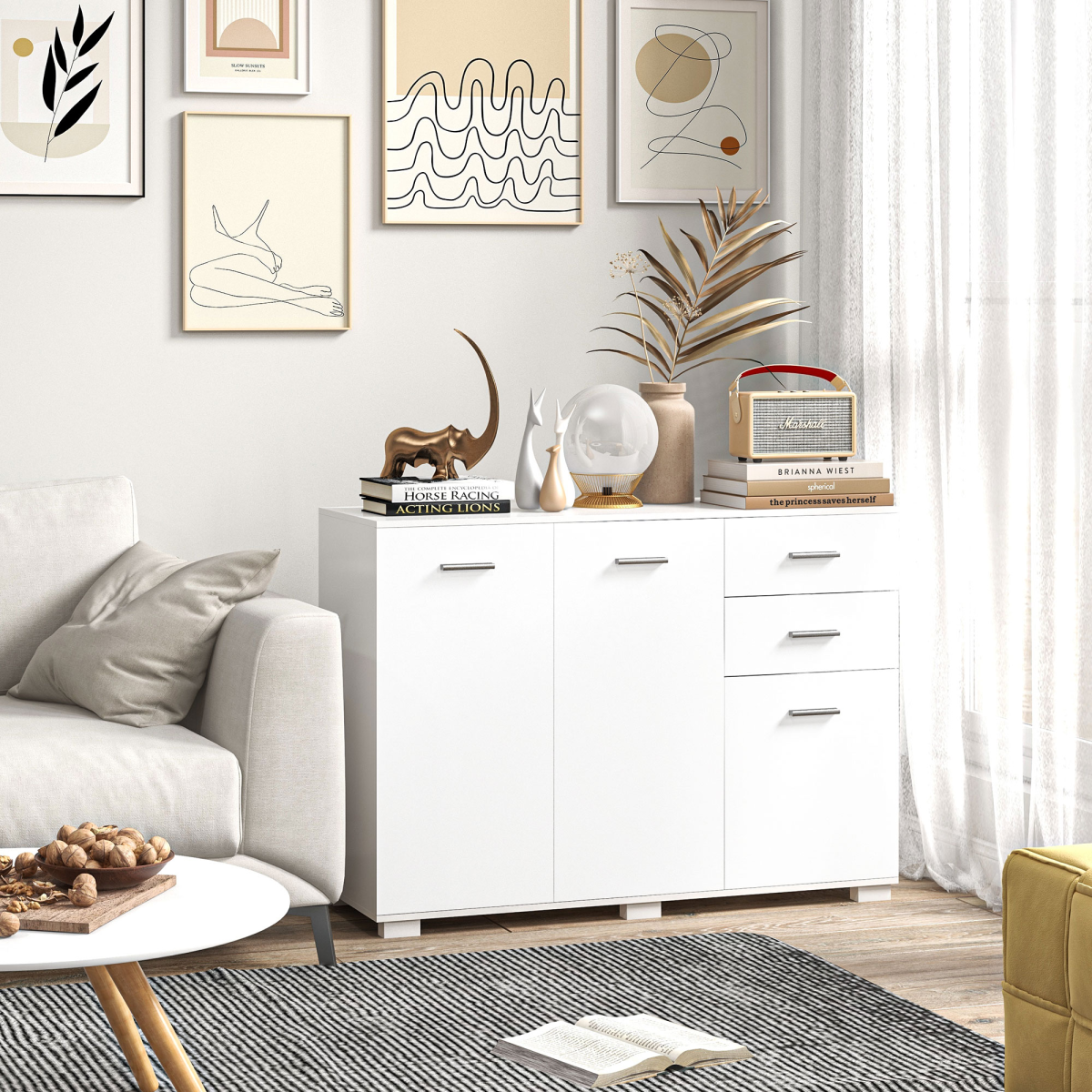 HOMCOM Modern Sideboard Kitchen Storage Cabinet with 2 Drawers, Cupboards & Adjustable Shelves