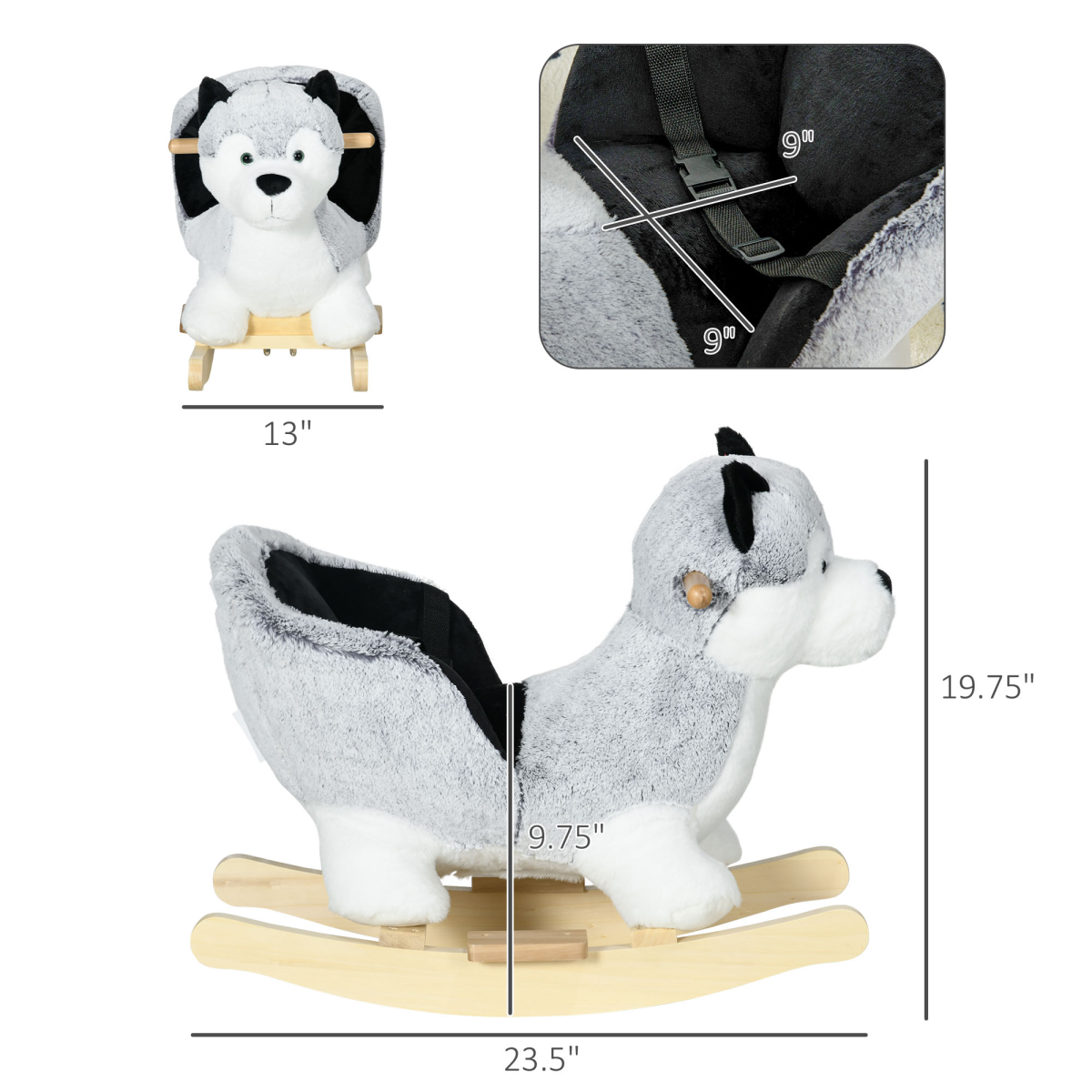 Kids Husky Plush Rocking Horse with Seat Belt & Animal Sounds – Ride-On Toy for 18-36 Months, Grey & Black