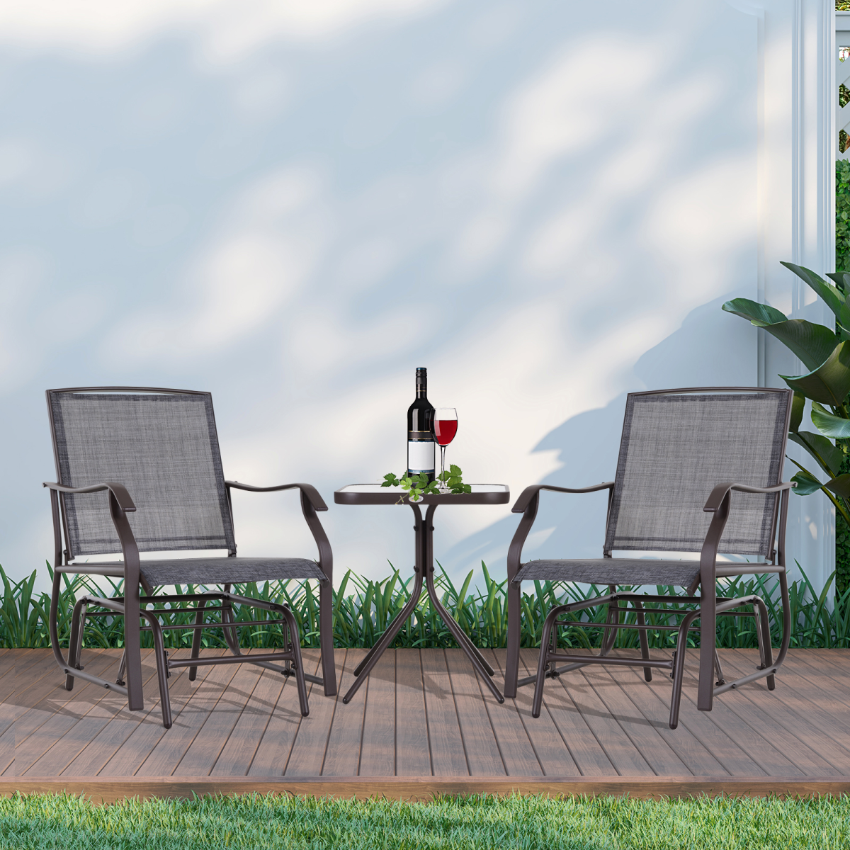 Outsunny Set of 2 Glider Rocking Chairs with Tempered Glass Table, Steel Frame – Garden Patio Set, Grey