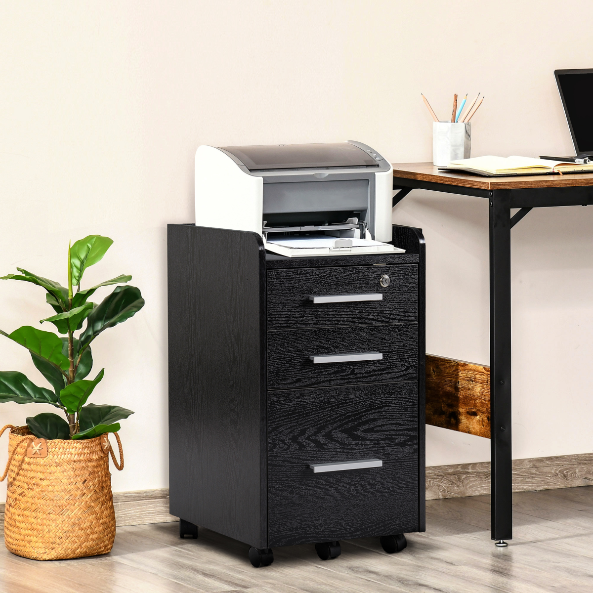 HOMCOM Mobile Office Storage Cart with 3 Drawers, Lockable Top Drawer & 5 Wheels – Wood-Effect, Black