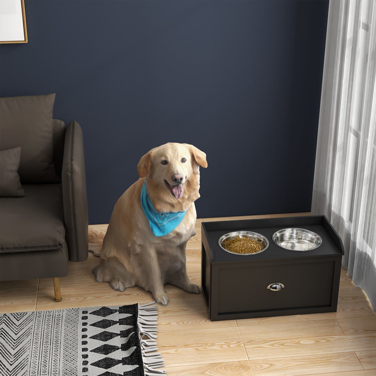 PawHut Stainless Steel Raised Dog Bowl Stand with 21L Storage Drawer – Feeding Station for Large Dogs, Black