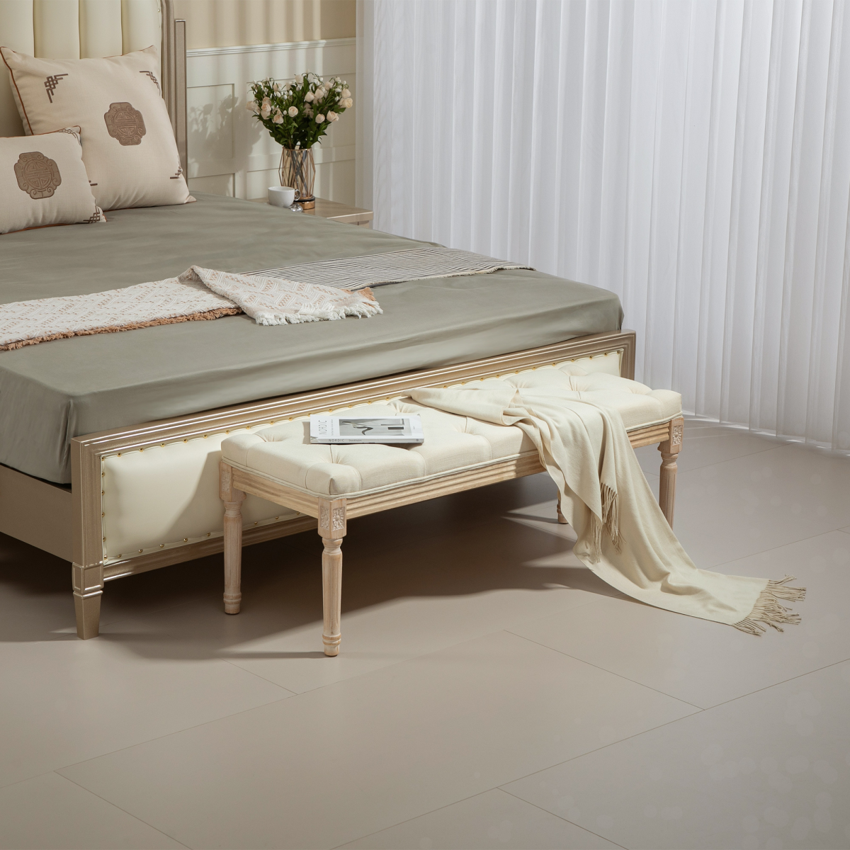 HOMCOM Upholstered End of Bed Bench, Button-Tufted Linen-Touch Ottoman, Cream White