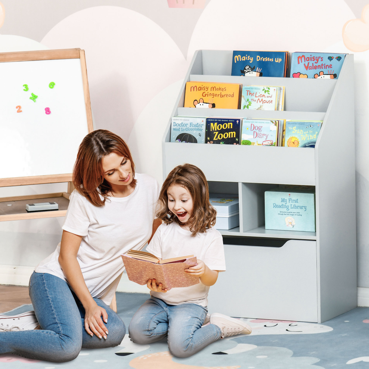HOMCOM Kids Bookshelf with Toy Storage Drawer on Wheels – Three-Tier Bedroom Organiser, Grey