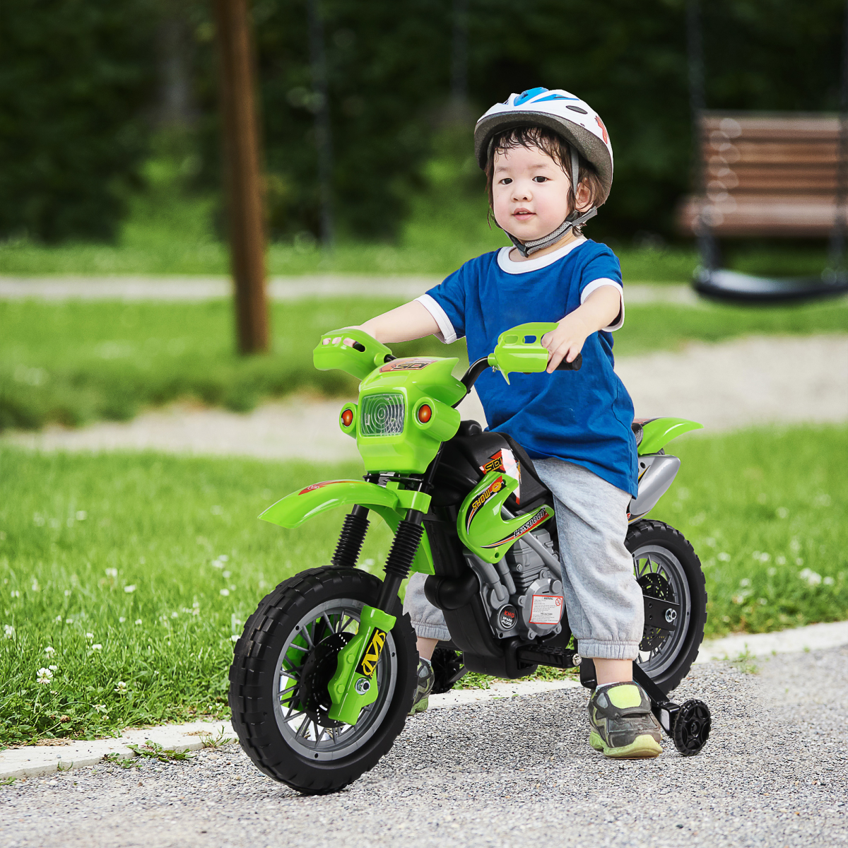 Kids 6V Electric Ride-On Motorbike with Headlights, Music and Horn – Motocross Style for Ages 3–6, Green