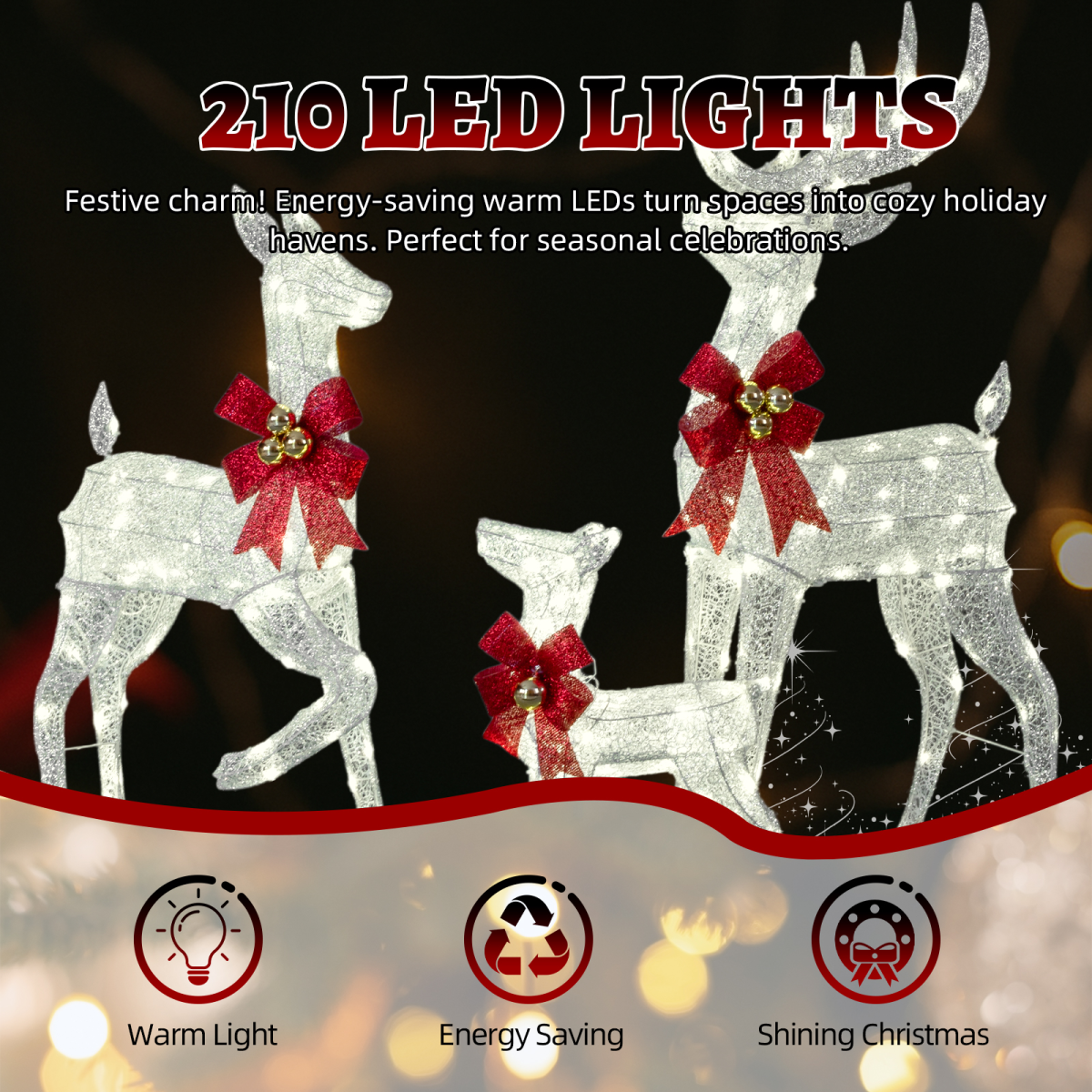 Lighted Christmas Reindeer Family – 3 Piece Outdoor Set with 210 Warm White Lights