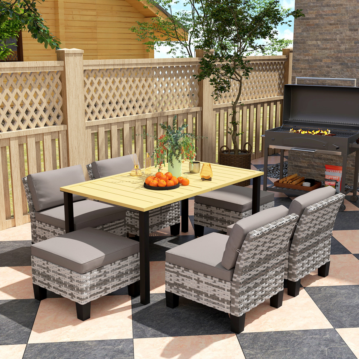 Outsunny 7 Piece Rattan Garden Dining Set with Cushions and Umbrella Hole – Outdoor Table, Chairs and Footstools, Grey