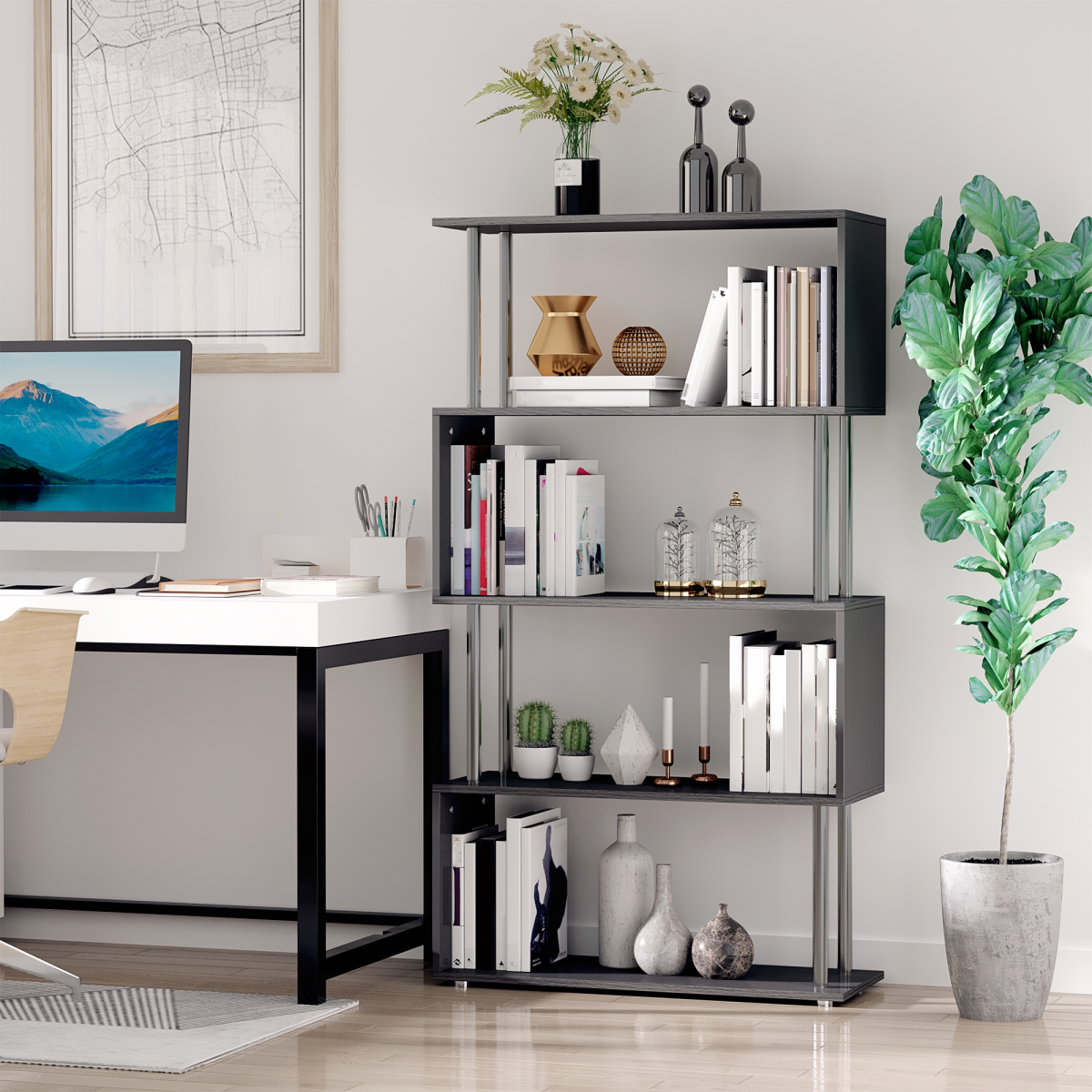 HOMCOM Wooden S-Shape Bookshelf & Room Divider – Multi-Tier Display Shelves, Black