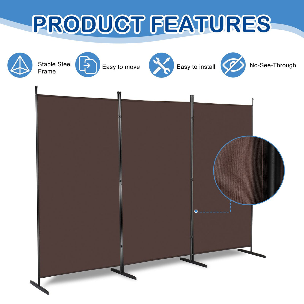 6ft 3-Panel Folding Room Divider – Polyester Fabric Privacy Screen, Steel Frame, Brown