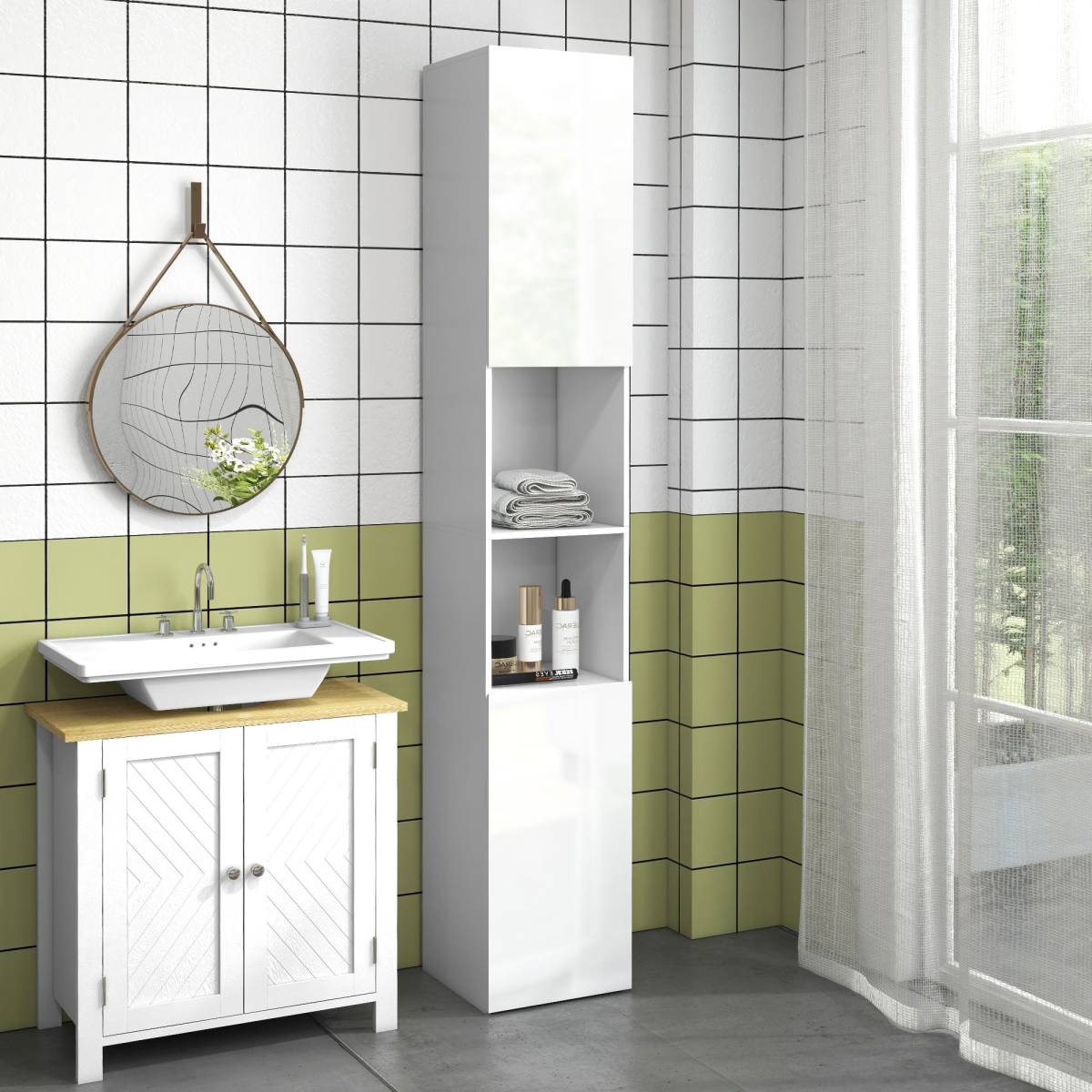 kleankin High Gloss Tall Bathroom Storage Cabinet with Two Cupboards and Adjustable Shelves, White