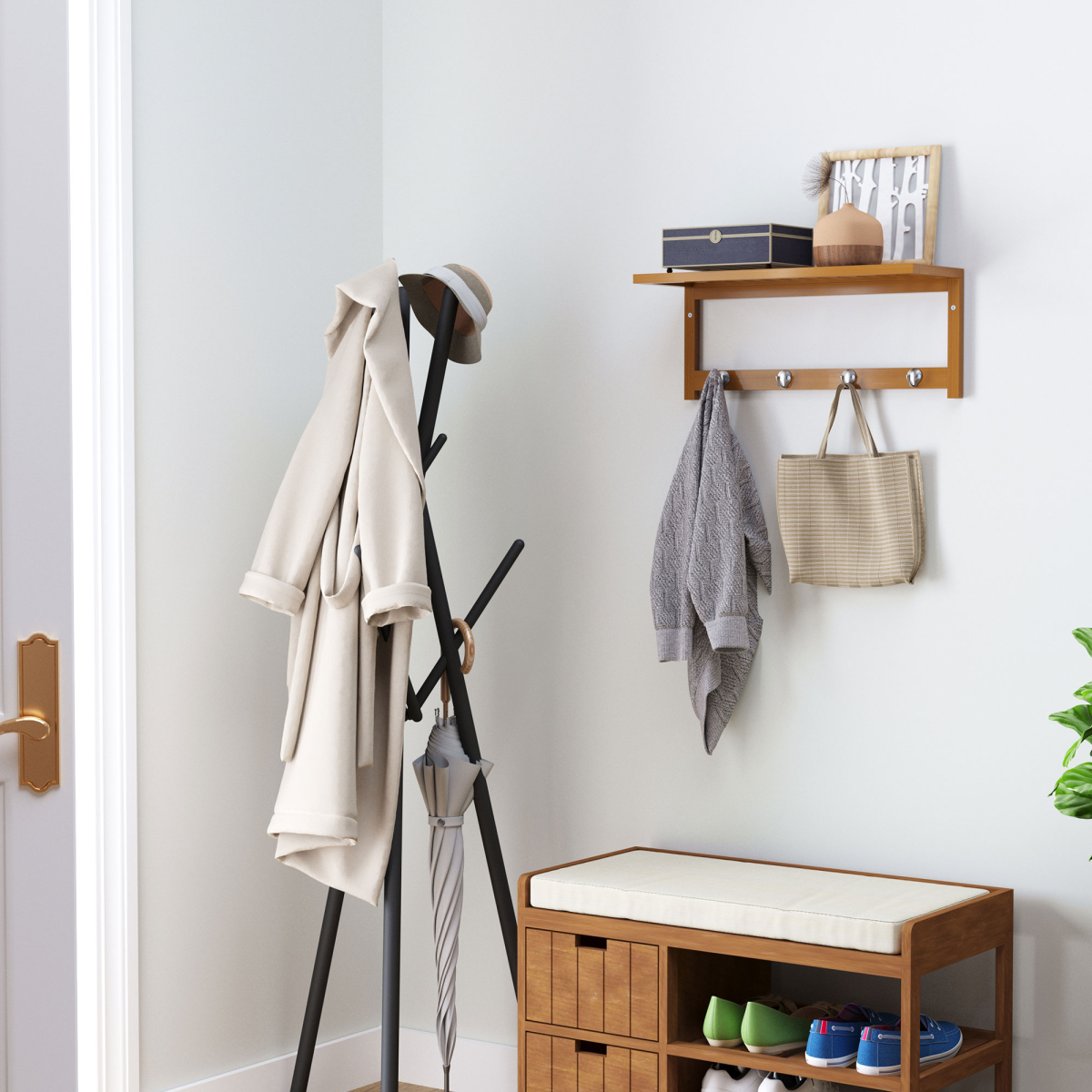 HOMCOM Wall-Mounted Clothes Rack with 4 Hooks and Top Shelf – Hallway Coat Rack, 50 x 17 x 20 cm