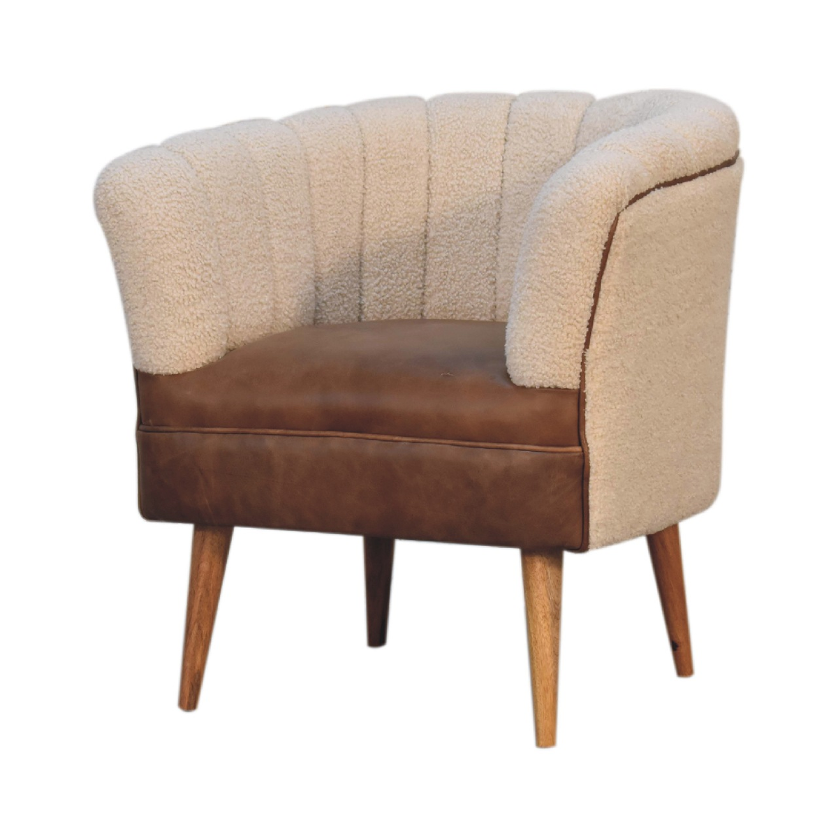 Artisan Furniture Solid Wood Boucle Armchair with Buffalo Leather Seat – Upholstered Accent Chair, Cream & Brown