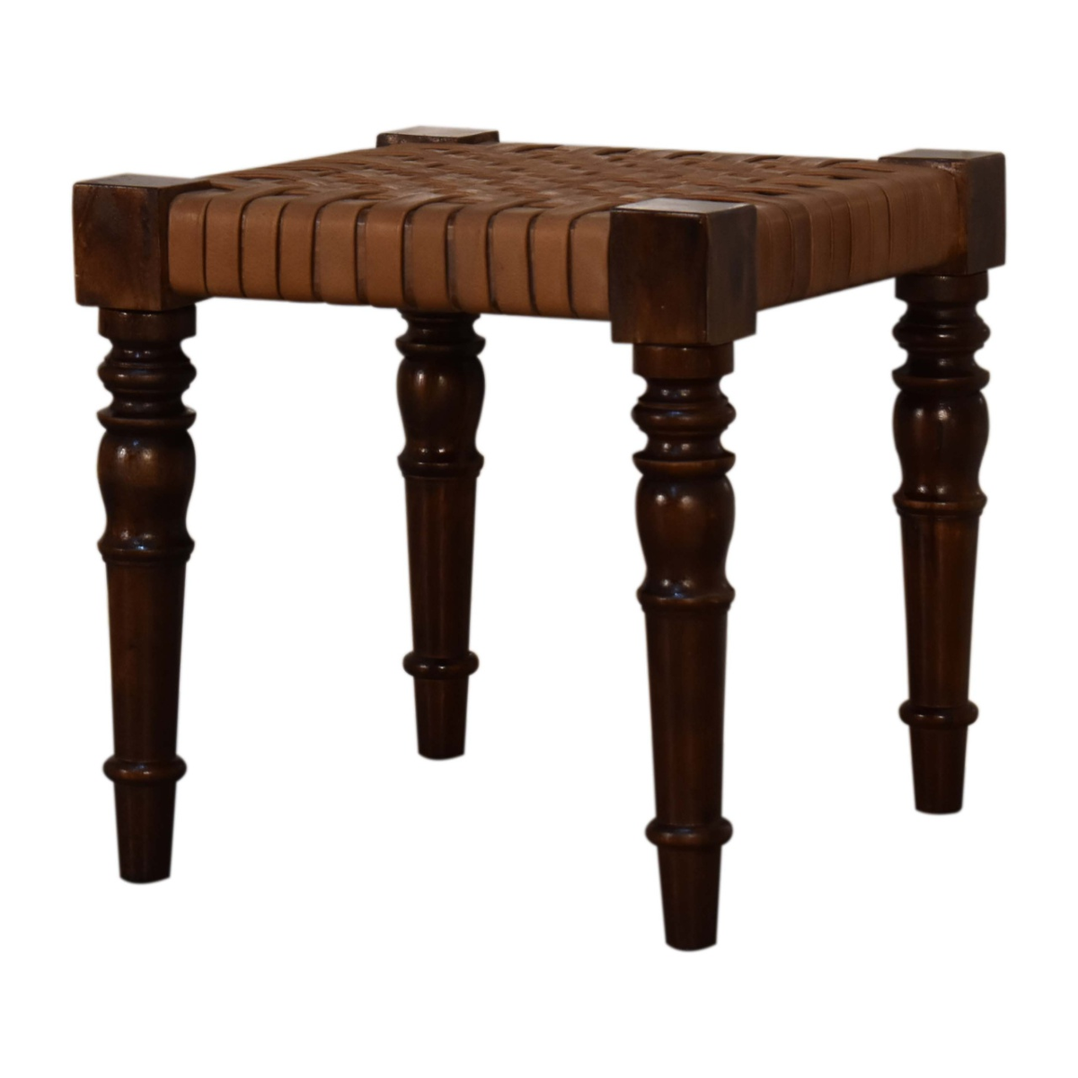 Artisan Furniture Solid Wood Woven Leather Top Footstool – Country Style Handcrafted Seat, Chestnut Finish, Brown