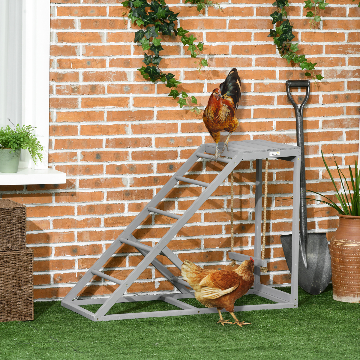 PawHut Chicken Coop Activity Toy with Swing, Ladder & Platform for 2 Chickens – Fir Wood Perch Stand, Grey