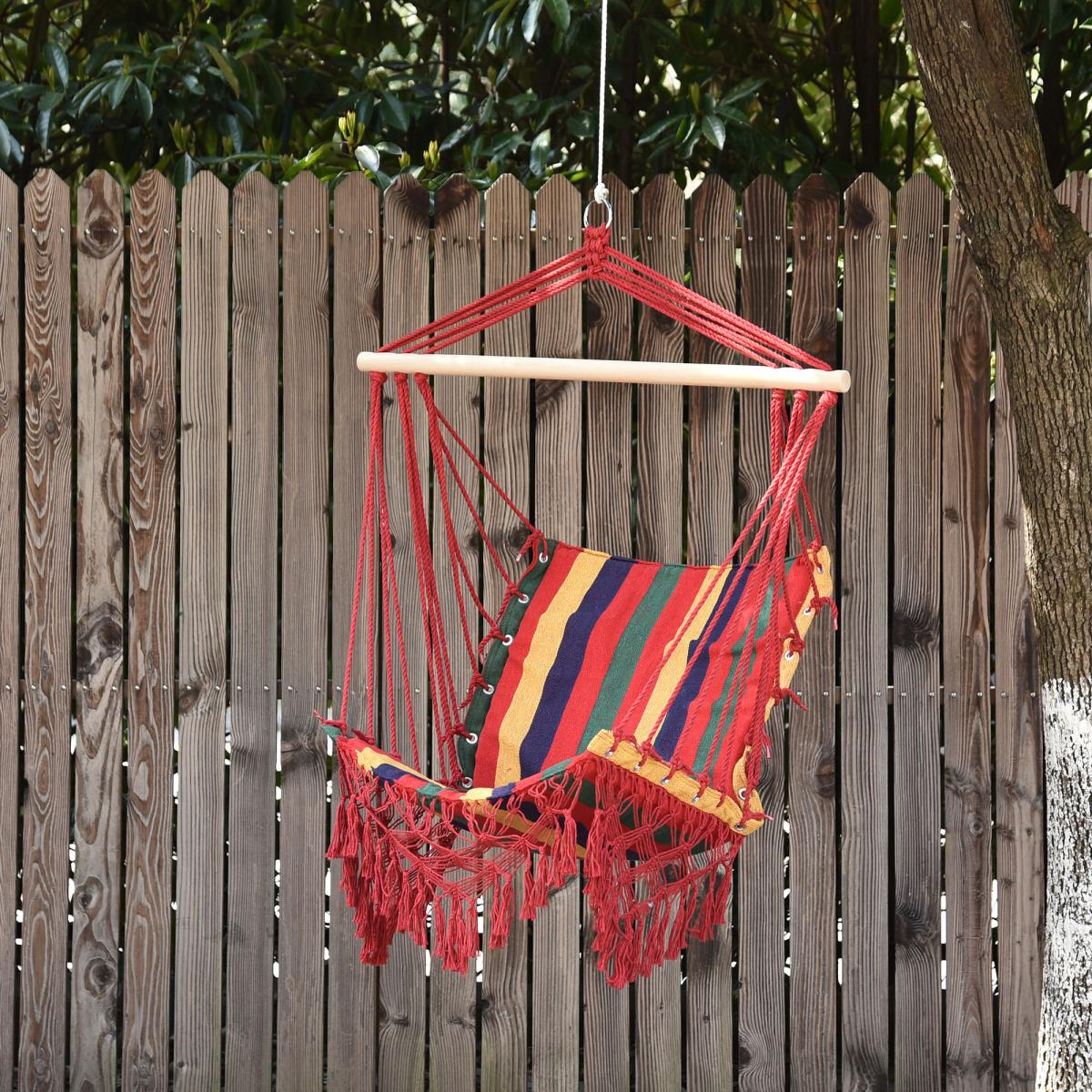 Outsunny Hammock Chair Swing with Wooden Spreader Bar & Tassels – Indoor Outdoor Hanging Seat